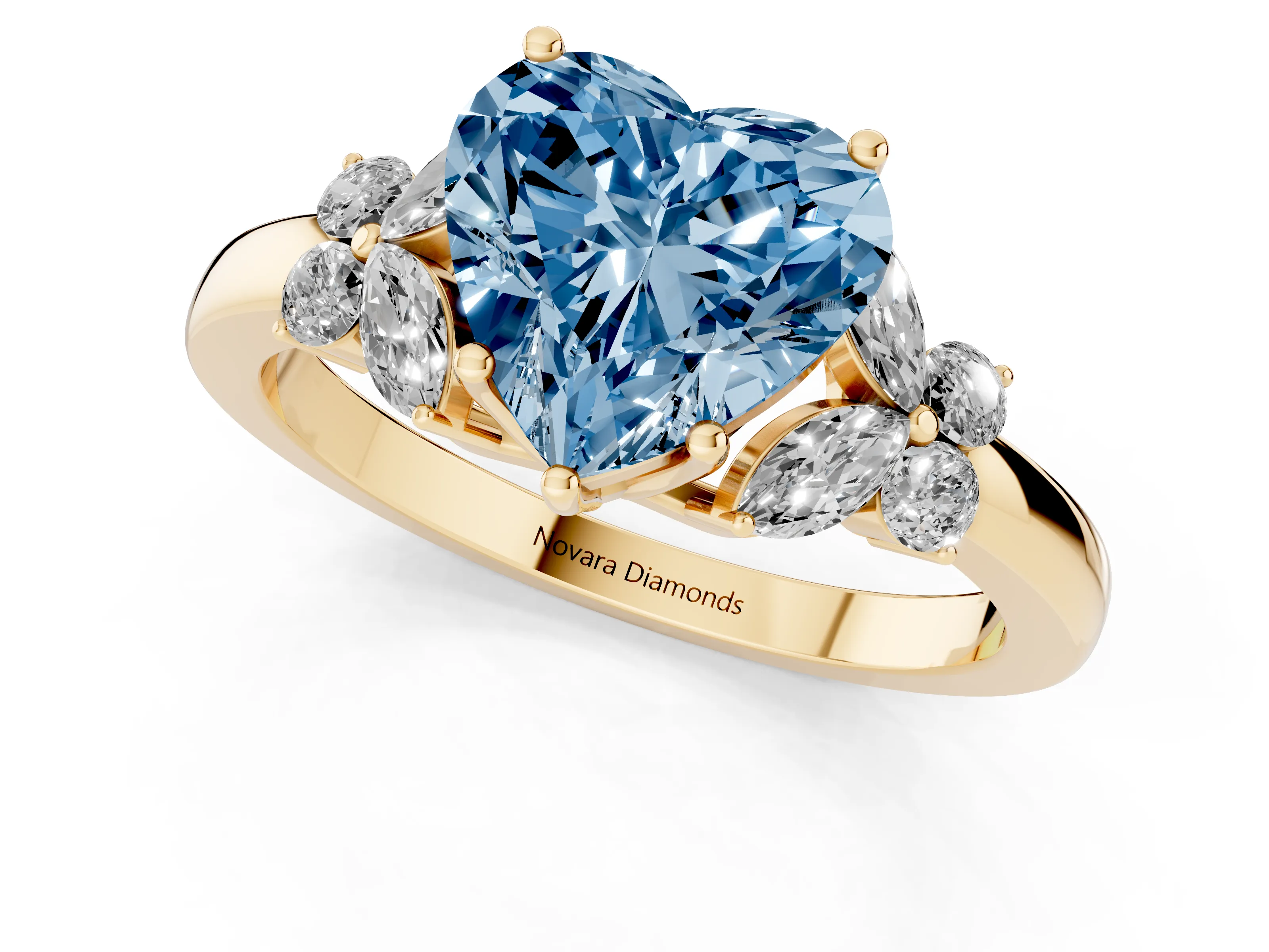 Fancy Blue Heart Cut Diamond Solitaire Floral Ring Set in Yellow gold with Marquise Petals and Prong Setting