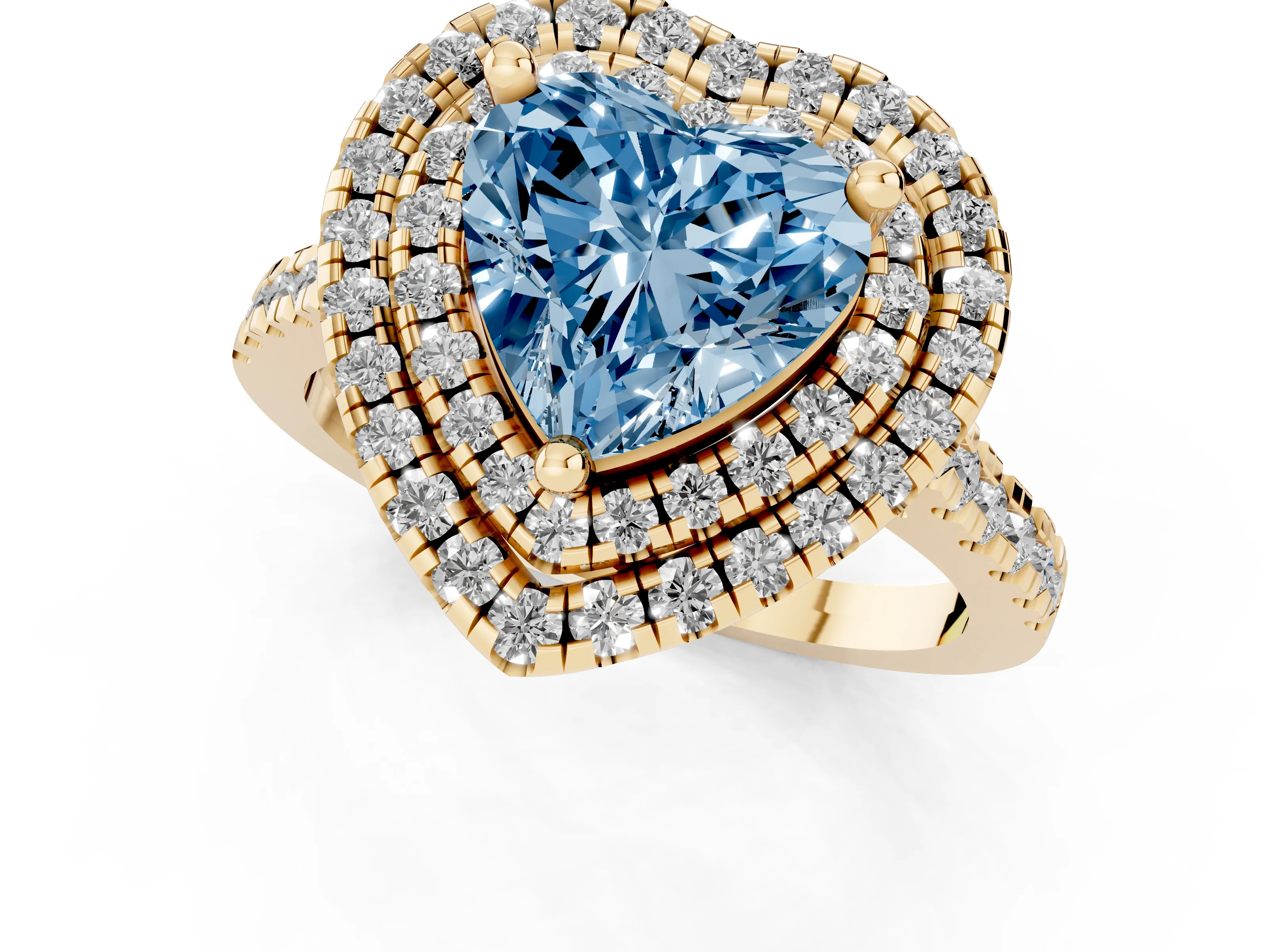 Fancy Blue Heart Cut Diamond Double Halo Statement Ring Set in Yellow gold with Pavé Band