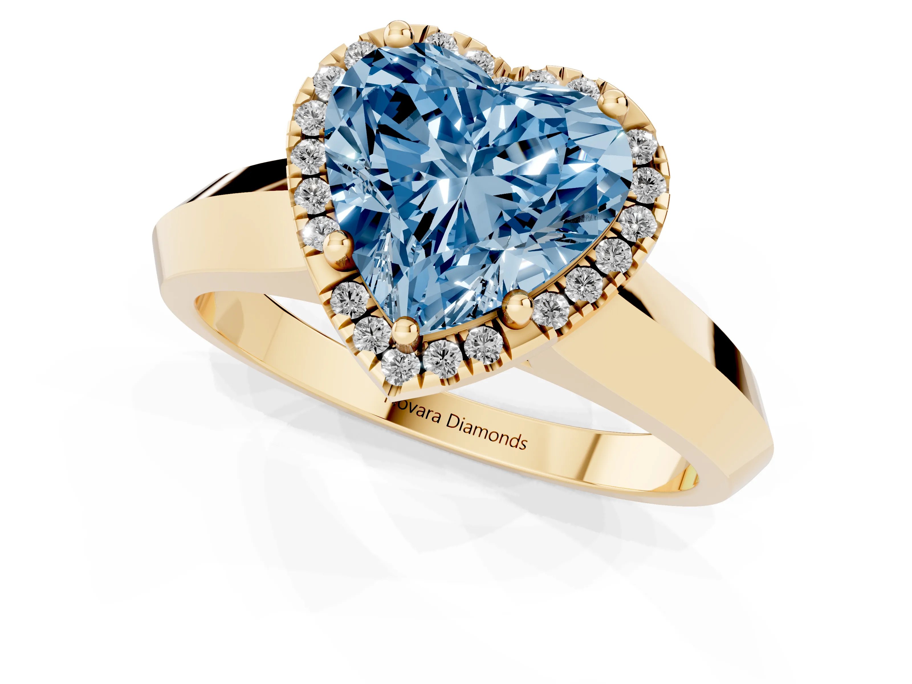 Fancy Blue Heart Cut Diamond Halo Ring Set in Yellow gold with Cathedral Band and Prong Setting