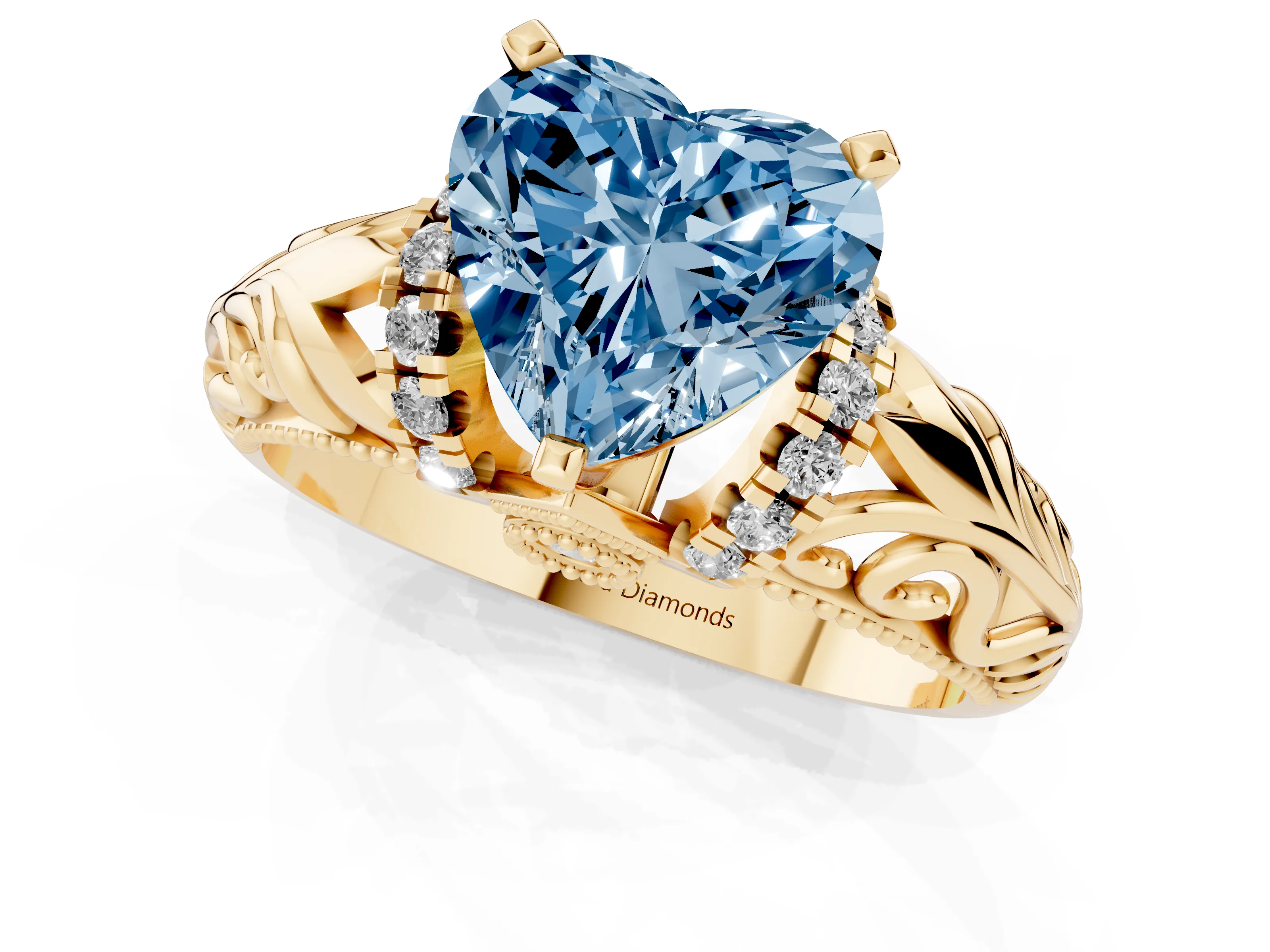 Fancy Blue Heart Cut Diamond Filigree Halo Engagement Ring Set in Yellow gold with Prong Setting