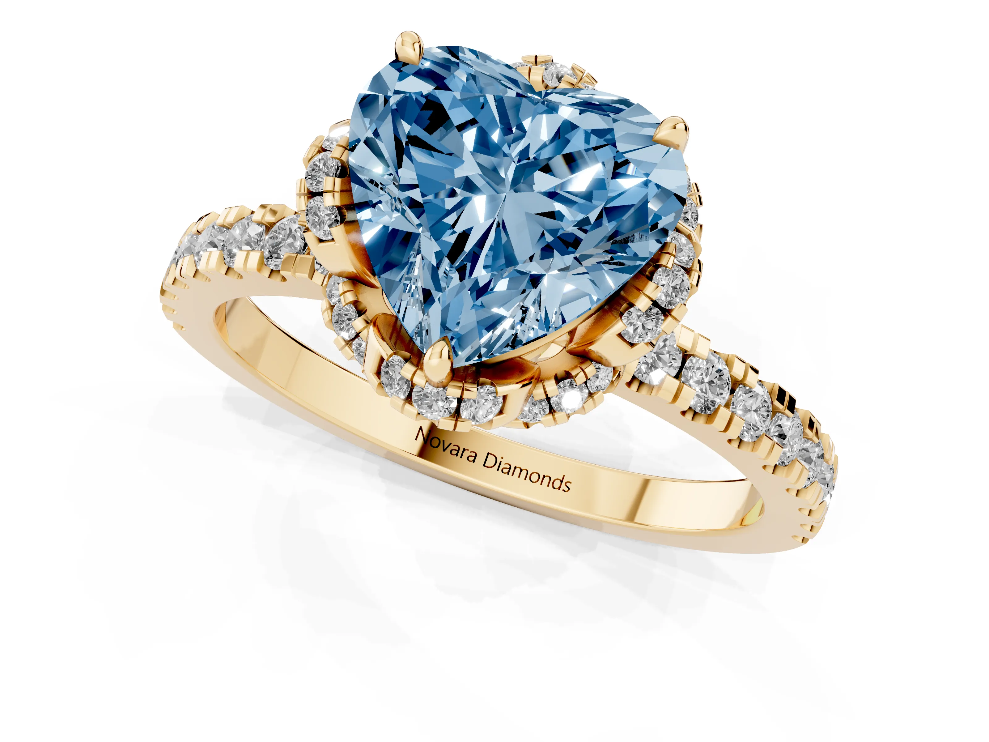 Fancy Blue Heart Cut Diamond Halo Pavé Band Ring Set in Yellow gold with Prong-Held Center