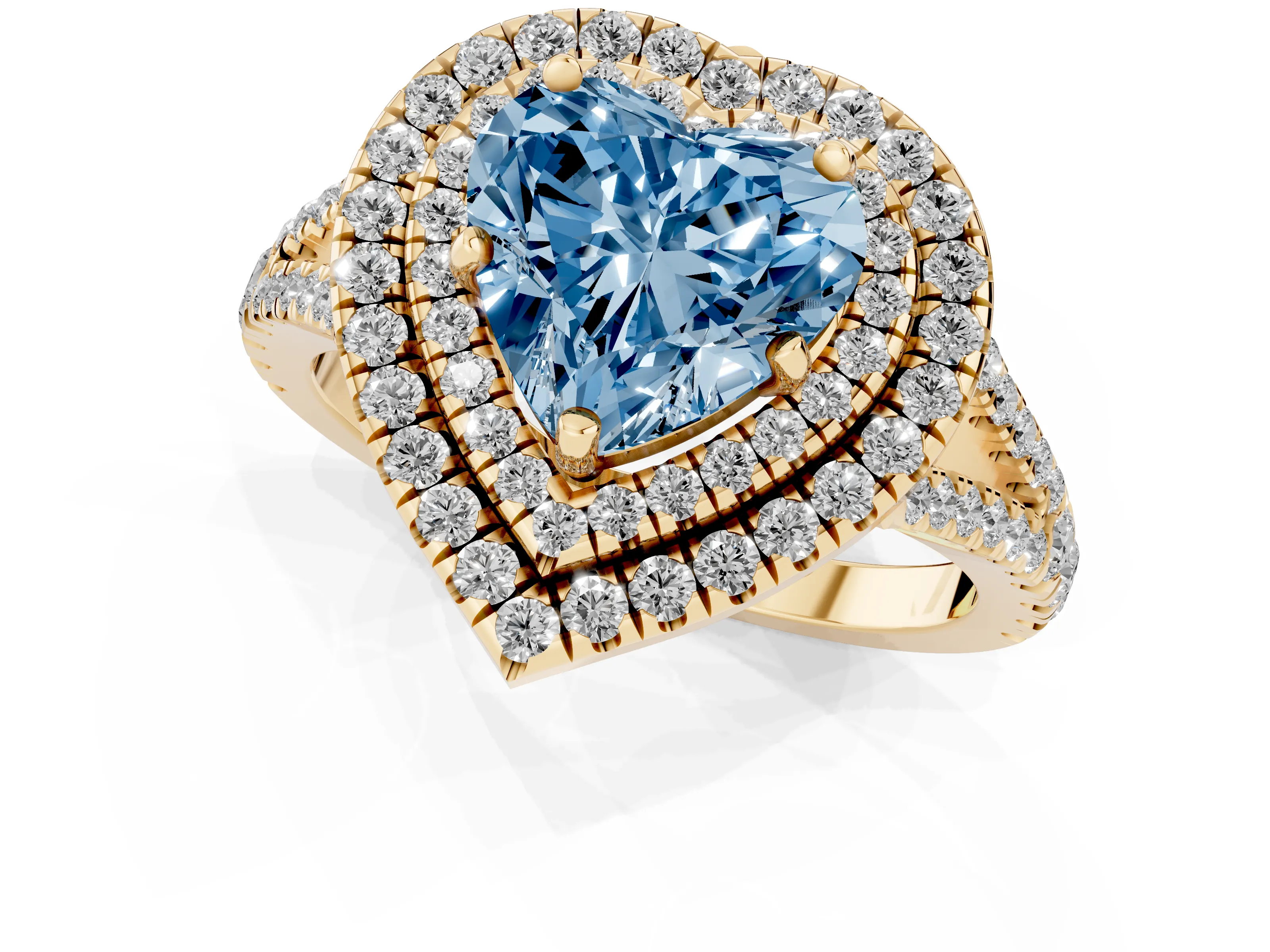 Fancy Blue Heart Cut Diamond Double Halo Ring Set in Yellow gold with Pavé Band – second view
