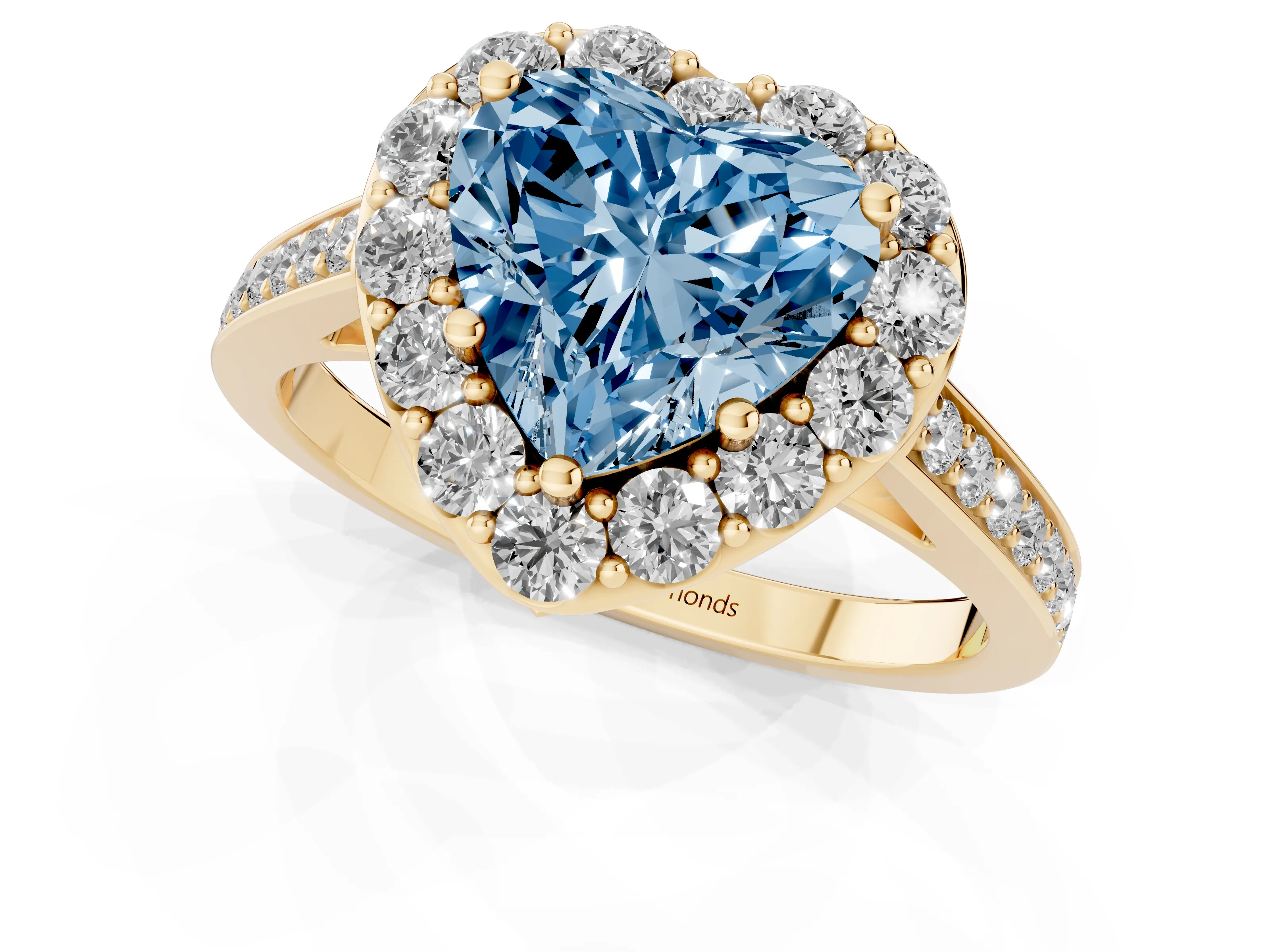Fancy Blue Heart Cut Diamond Floral Halo Ring Set in Yellow gold with Pavé Band and Prong Setting