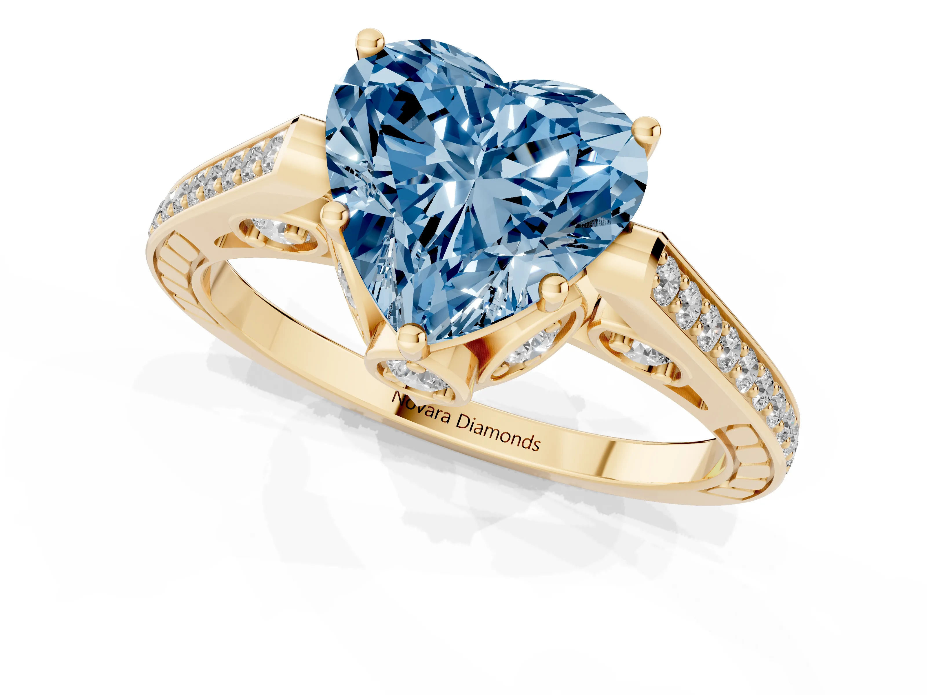 Fancy Blue Heart Cut Diamond Cathedral Pavé Engagement Ring Set in Yellow gold with Prong Setting