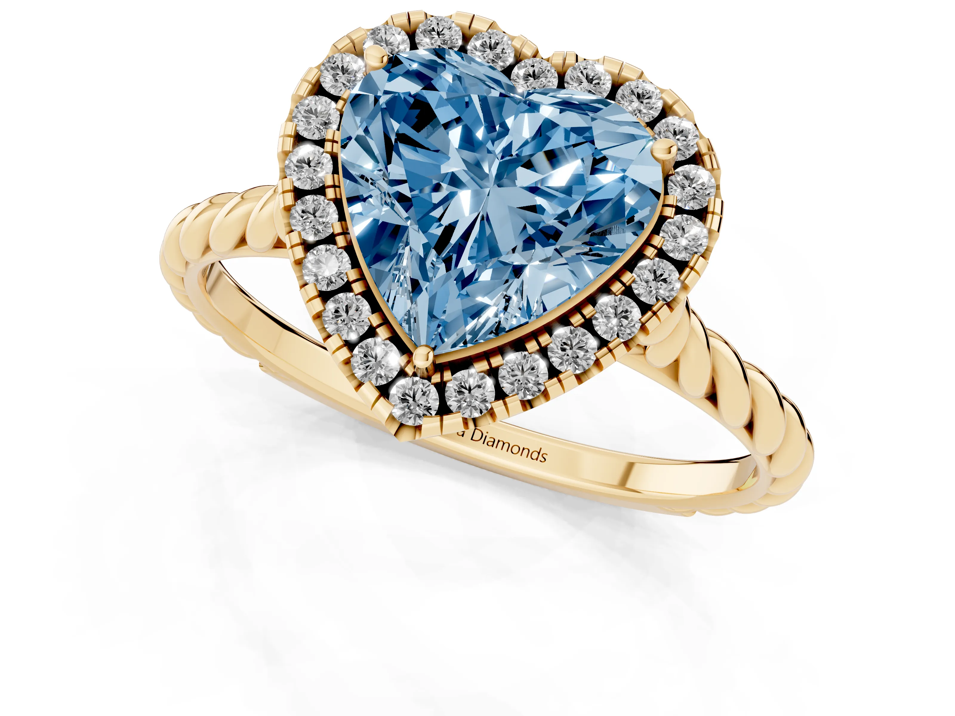 Fancy Blue Heart Cut Diamond Halo Ring Set in Yellow gold with Plain Twisted Band