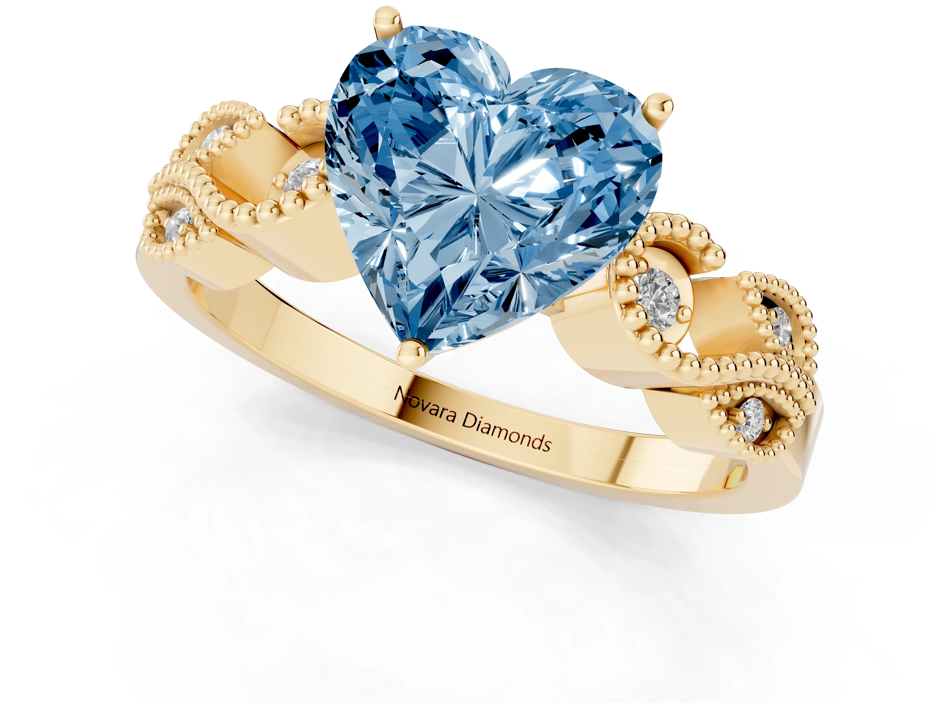 Fancy Blue Heart Cut Diamond Milgrain Leaf Band Solitaire Ring Set in Yellow gold with Accent Stones and Prong Setting