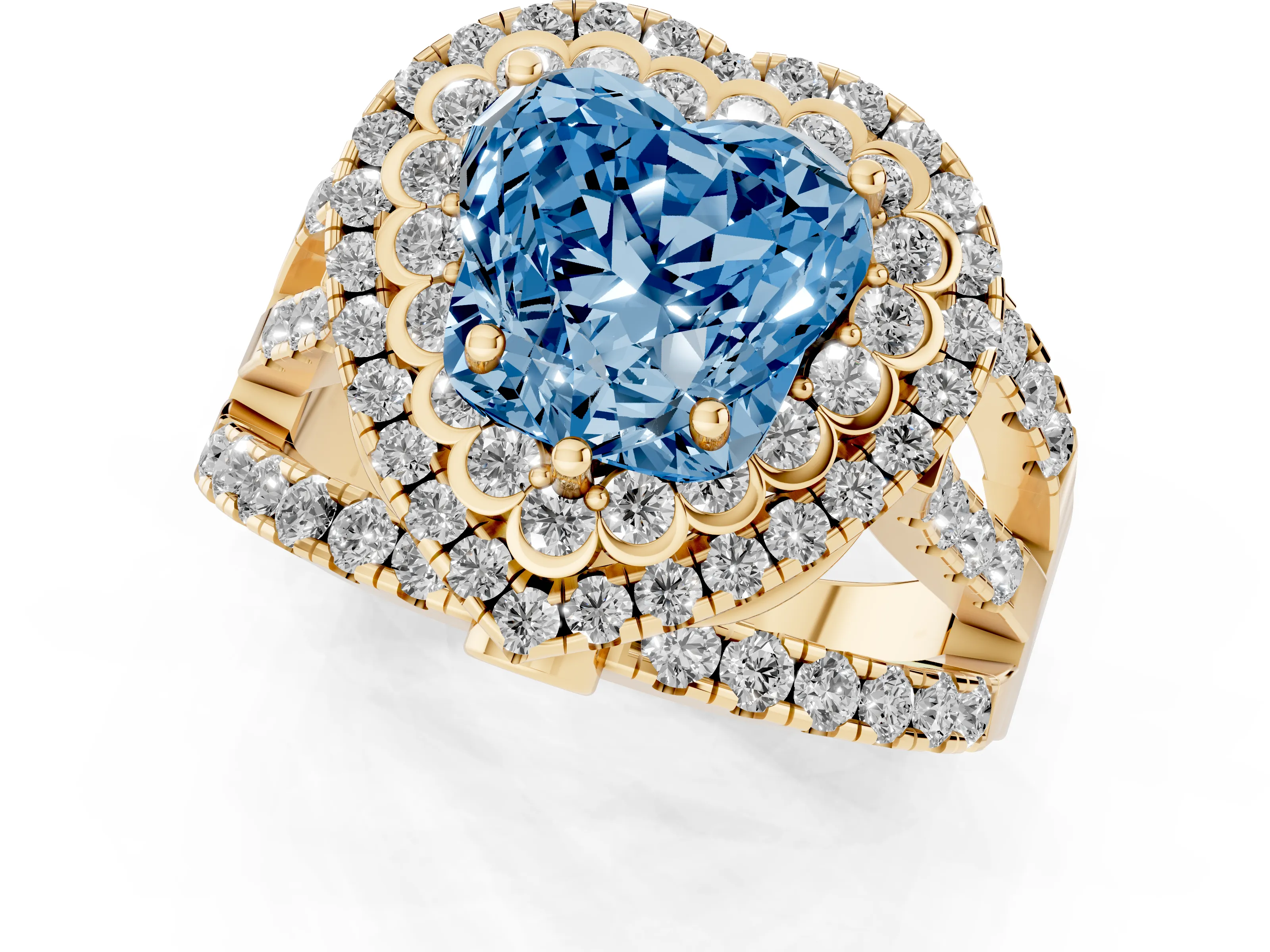 Fancy Blue Heart Cut Diamond Double Halo Ring Set in Yellow gold with Round Pavé Split Shank