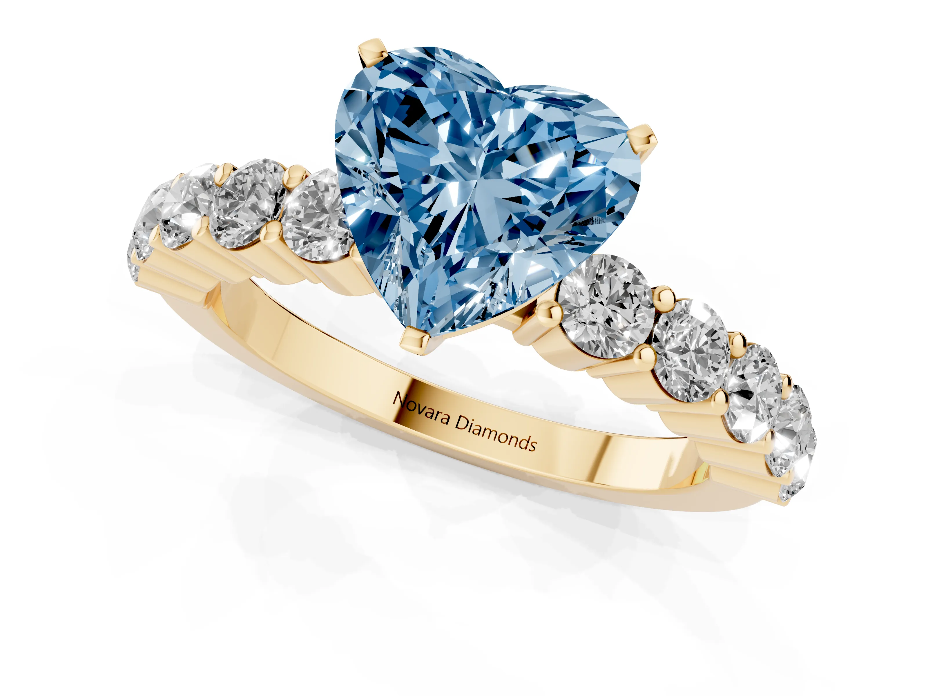Fancy Blue Heart Cut Diamond Solitaire Ring Set in Yellow gold with Shared Prong Round Side Stones