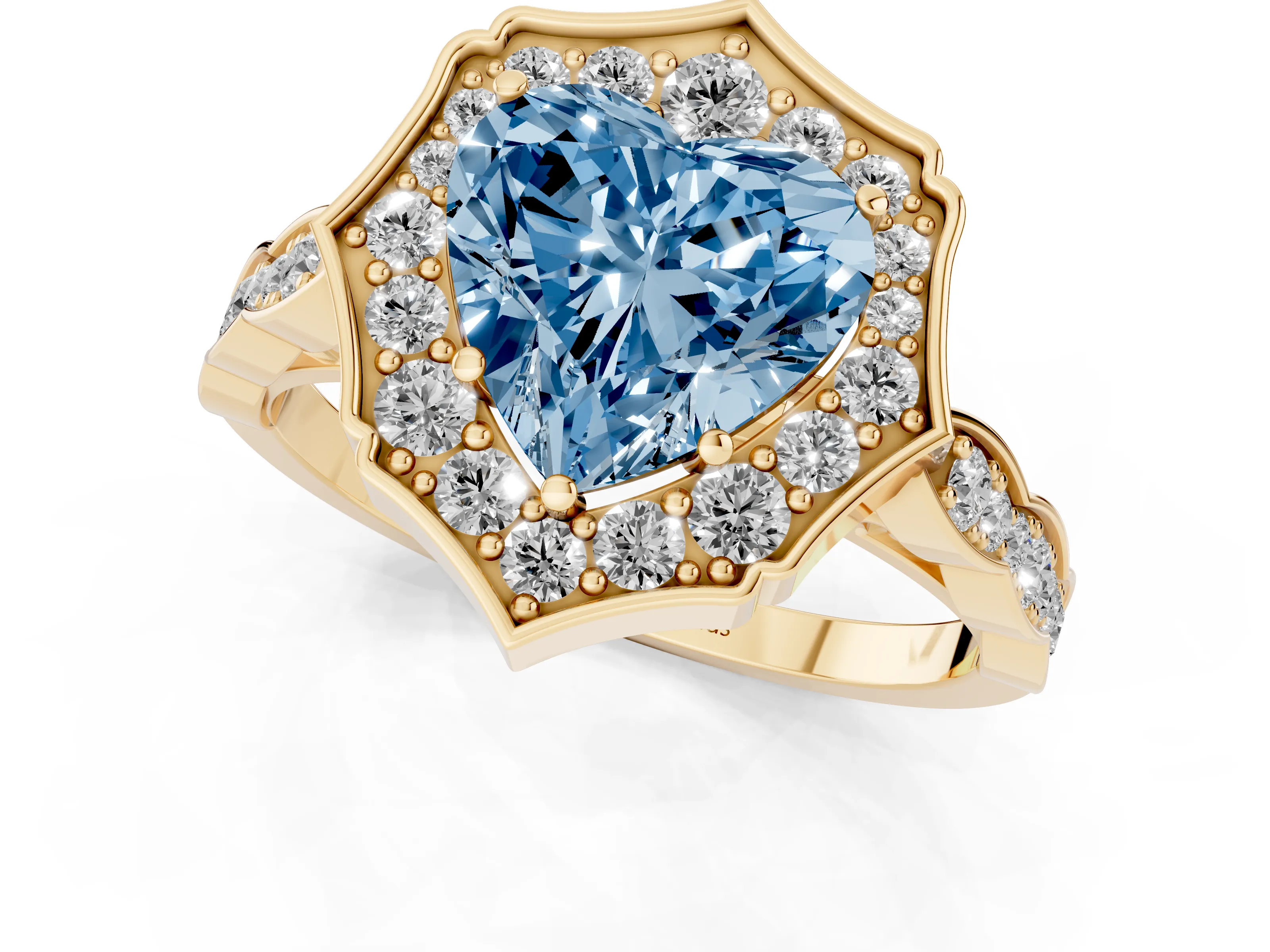Fancy Blue Heart Cut Diamond Halo Engagement Ring Set in Yellow gold with Milgrain Band and Prong Setting