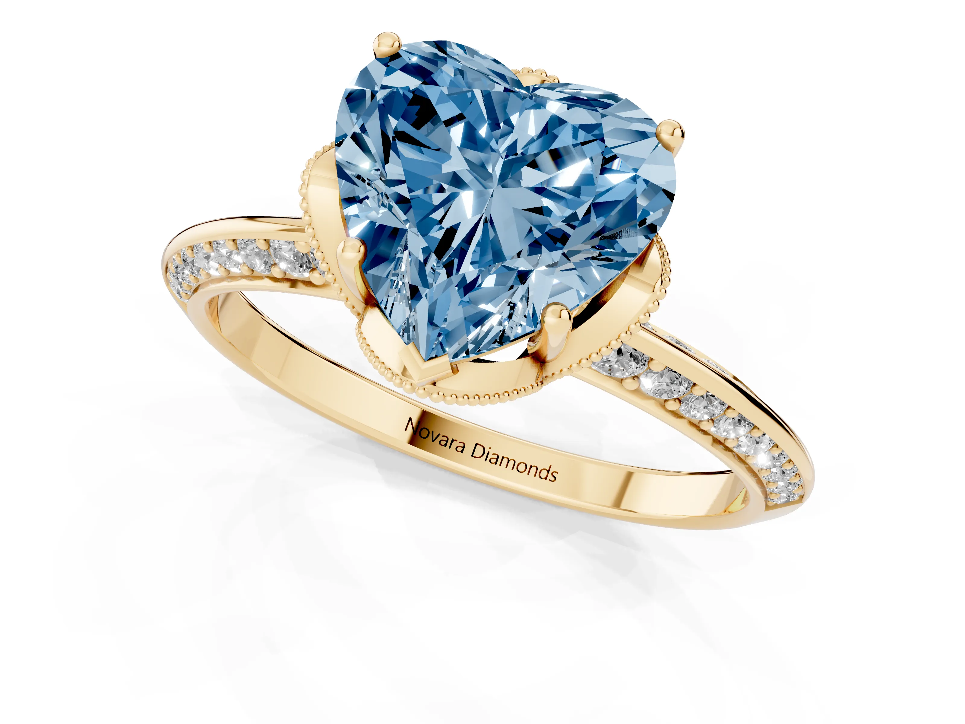 Fancy Blue Heart Cut Diamond Solitaire Engagement Ring Set in Yellow gold with Pavé Split Shank and Prong Setting