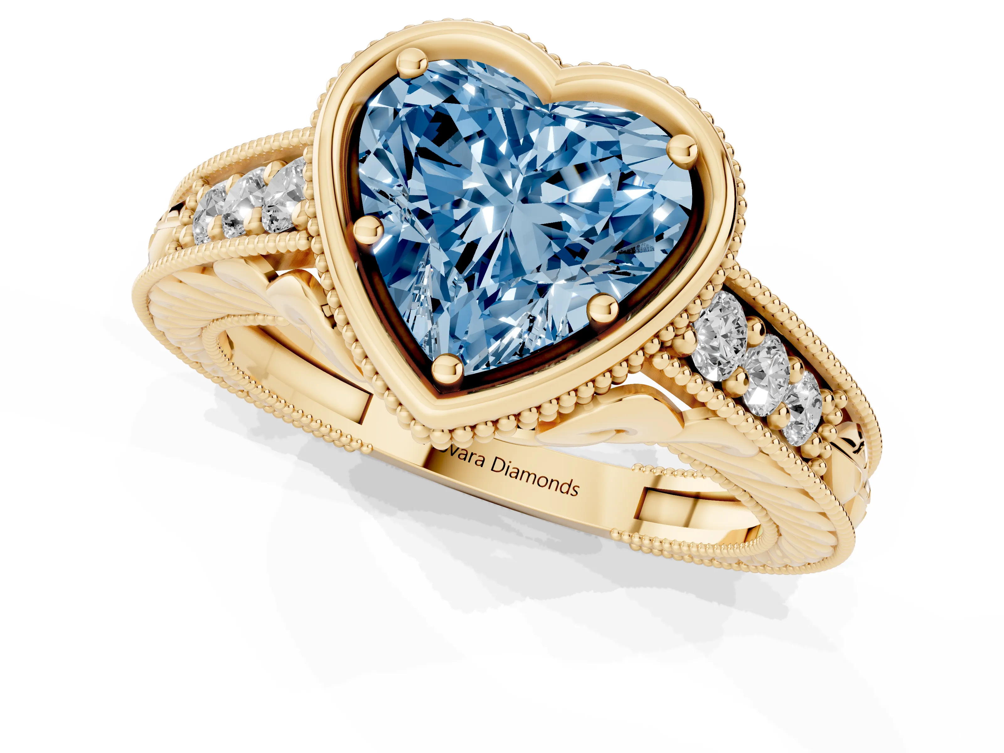 Fancy Blue Bezel Set Heart Cut Diamond Milgrain Pavé Engagement Ring Set in Yellow gold