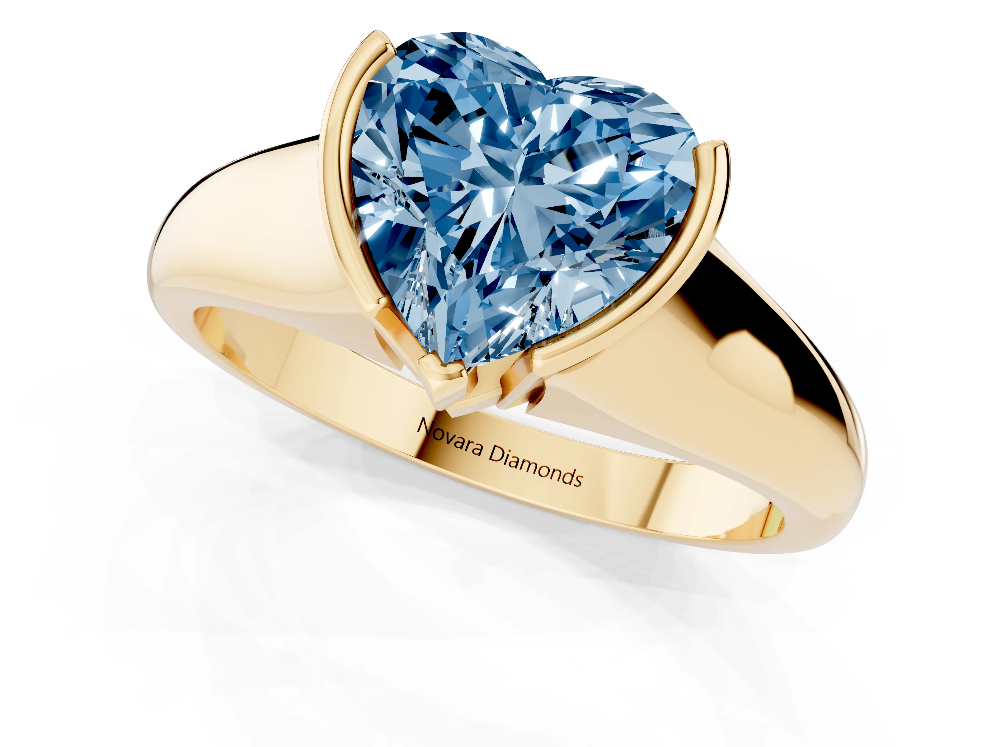 Fancy Blue Heart Cut Diamond Solitaire Tension Set Ring Set in Yellow gold with Split Shank Band