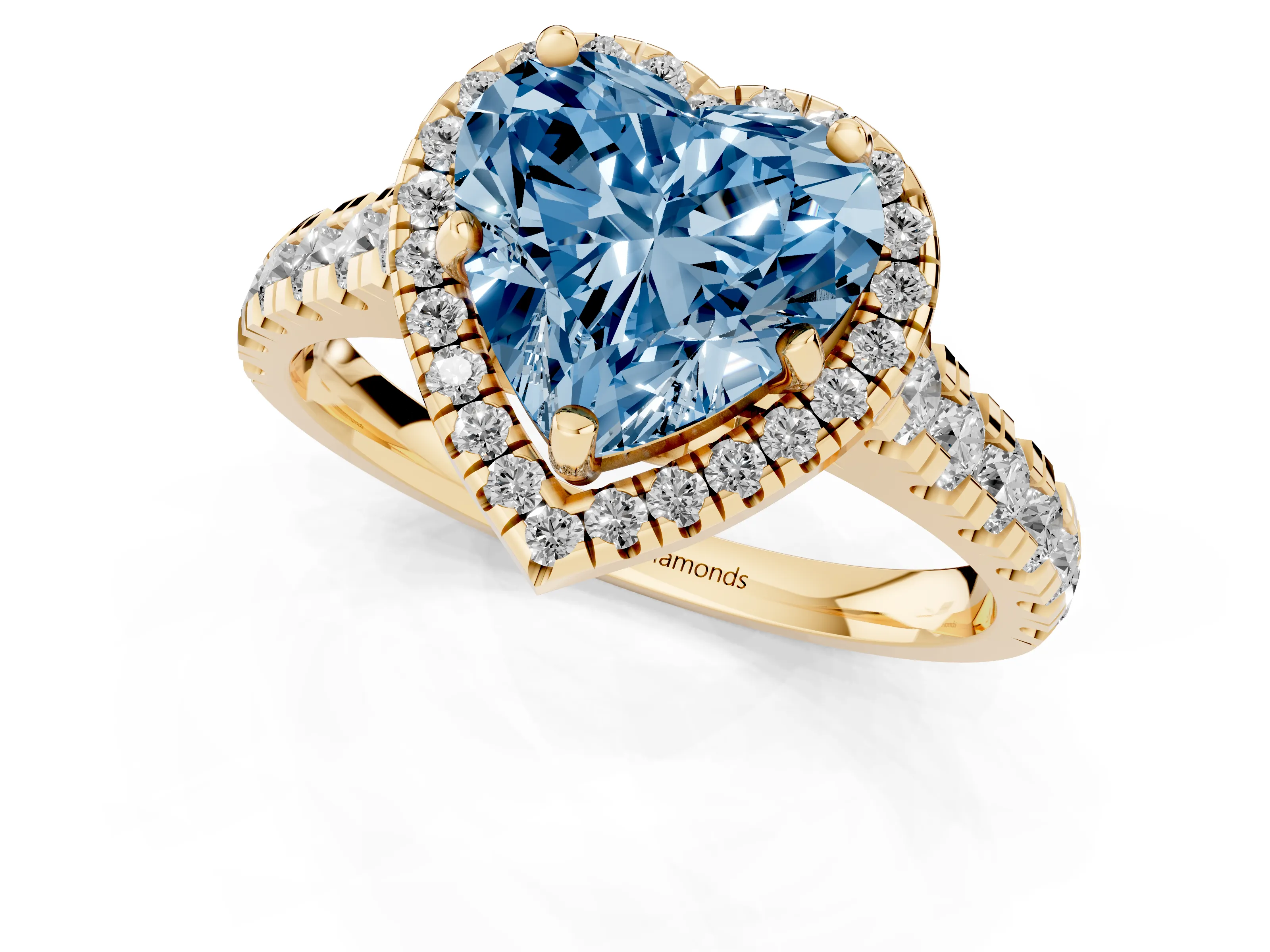 Fancy Blue Heart Cut Diamond Halo Engagement Ring Set in Yellow gold with Pavé Band and Prong-Set Center