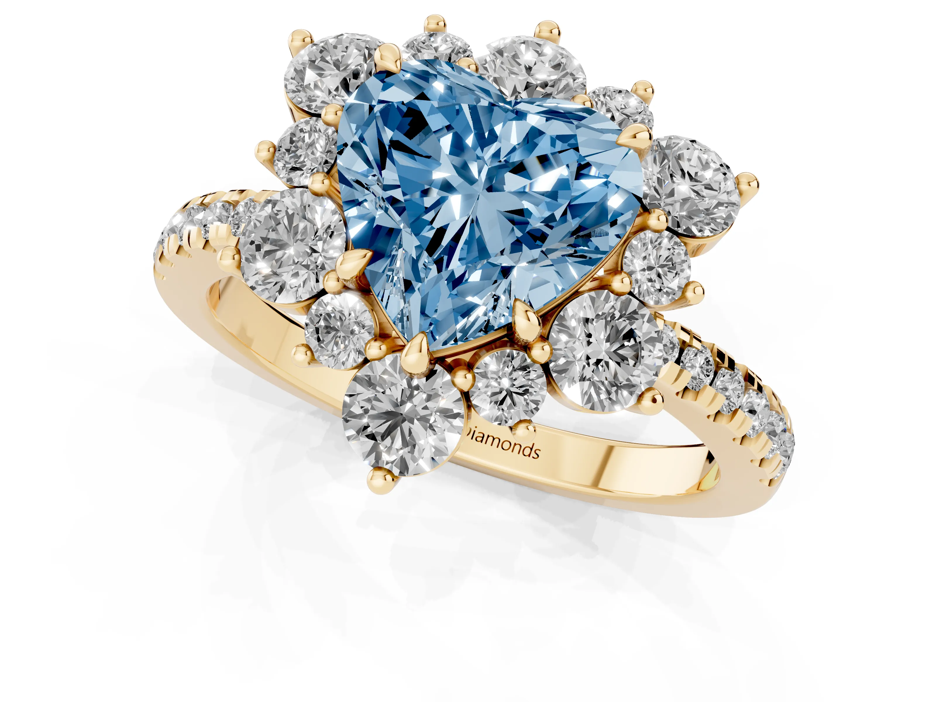 Fancy Blue Heart Cut Diamond Floral Halo Ring Set in Yellow gold with Round Pavé Band and Prong Setting