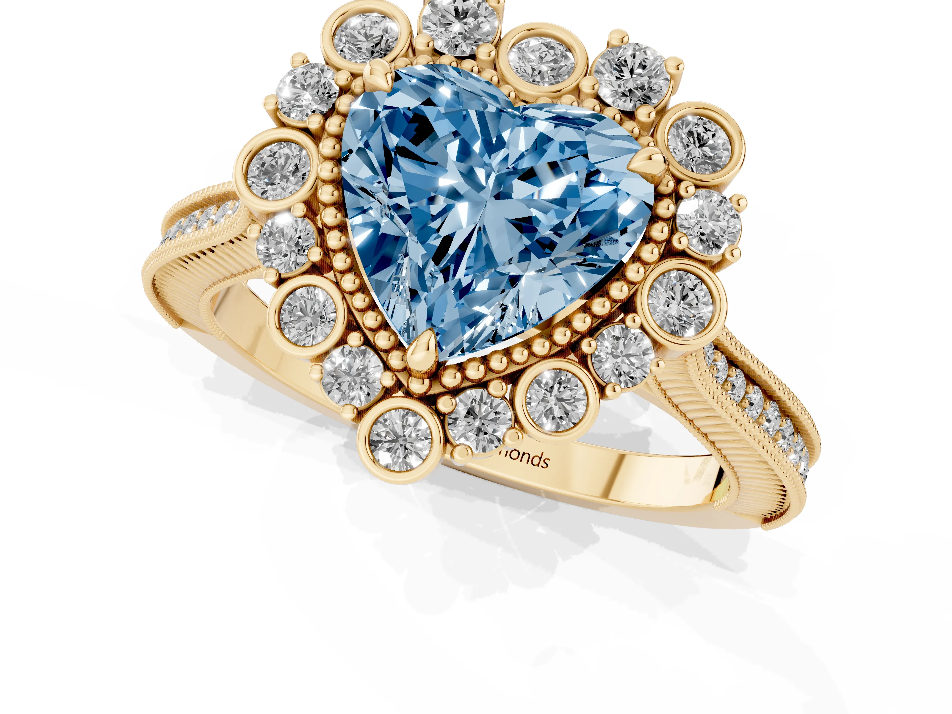 Fancy Blue Heart Cut Diamond Halo Milgrain Pavé Ring Set in Yellow gold with Prong Setting