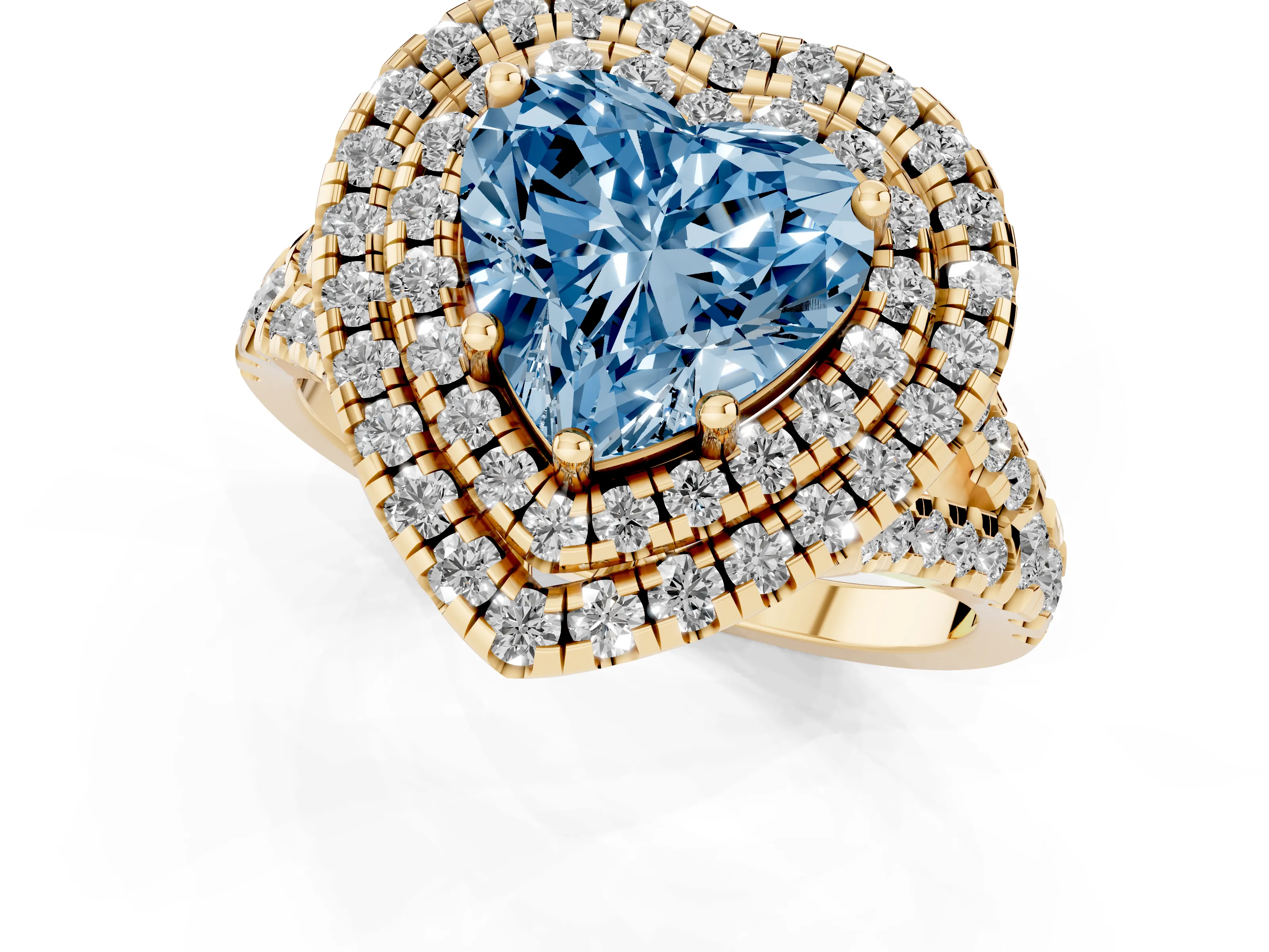 Fancy Blue Heart Cut Diamond Double Halo Ring Set in Yellow gold with Pavé Split Shank and Prong Setting