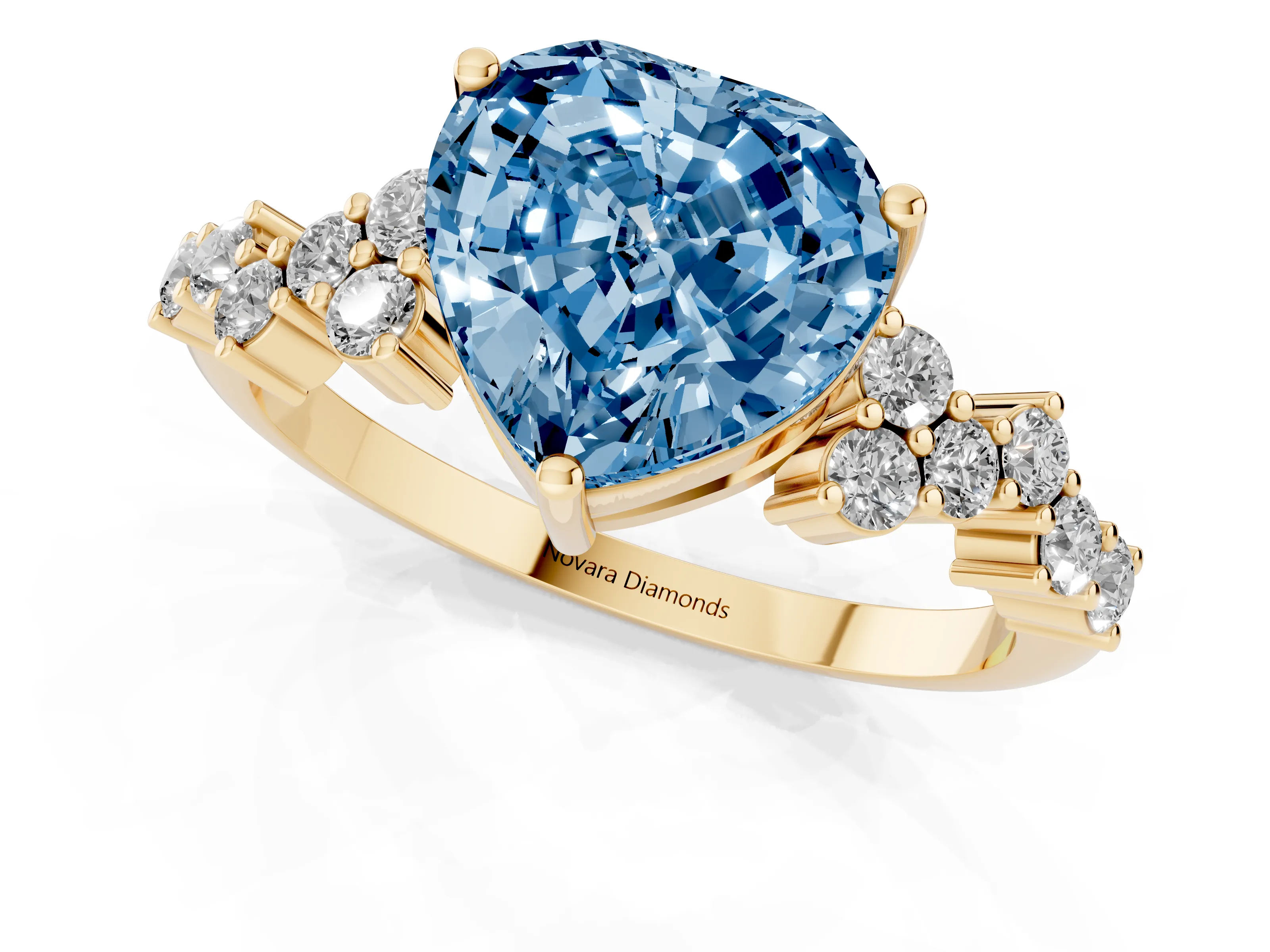 Fancy Blue Heart Cut Diamond Ring Set in Yellow gold with Scattered Round Accents