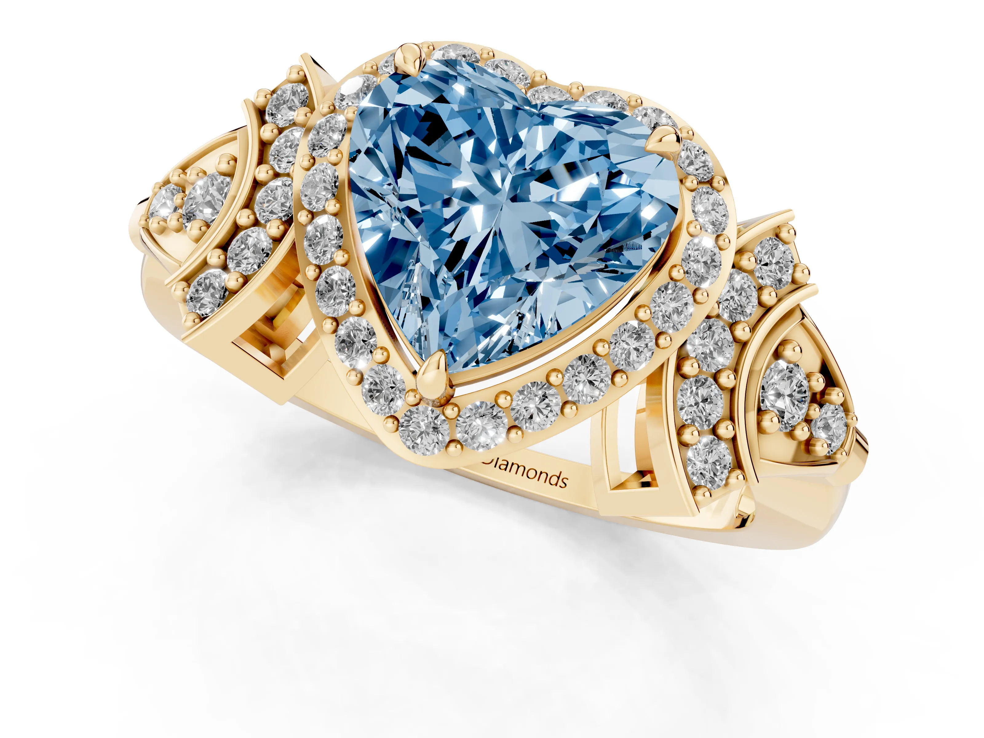 Fancy Blue Heart Cut Diamond Halo Engagement Ring Set in Yellow gold with Accent Stone Split Shank