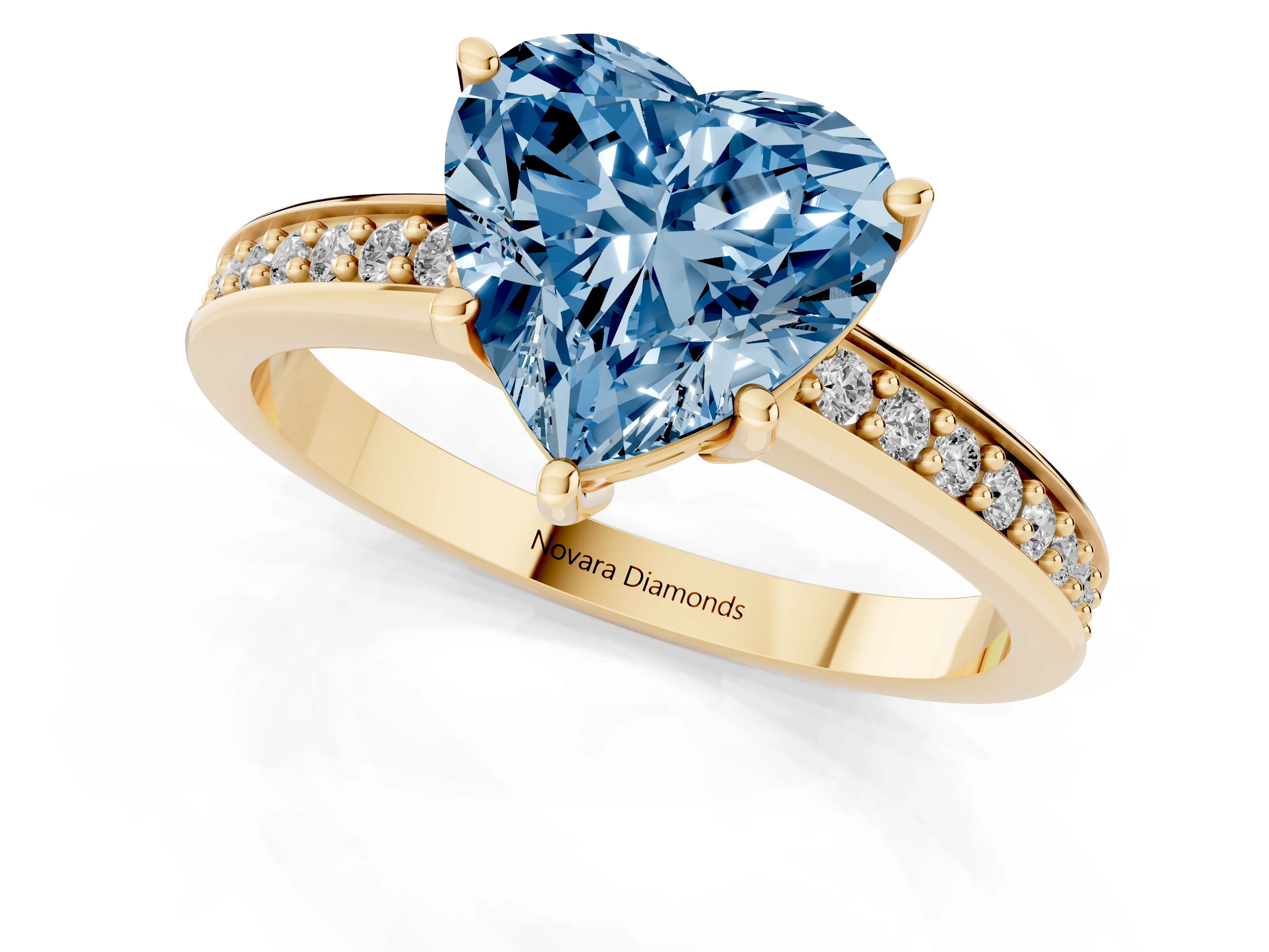 Fancy Blue Heart Cut Diamond Pavé Band Prong Set Solitaire Ring Set in Yellow gold