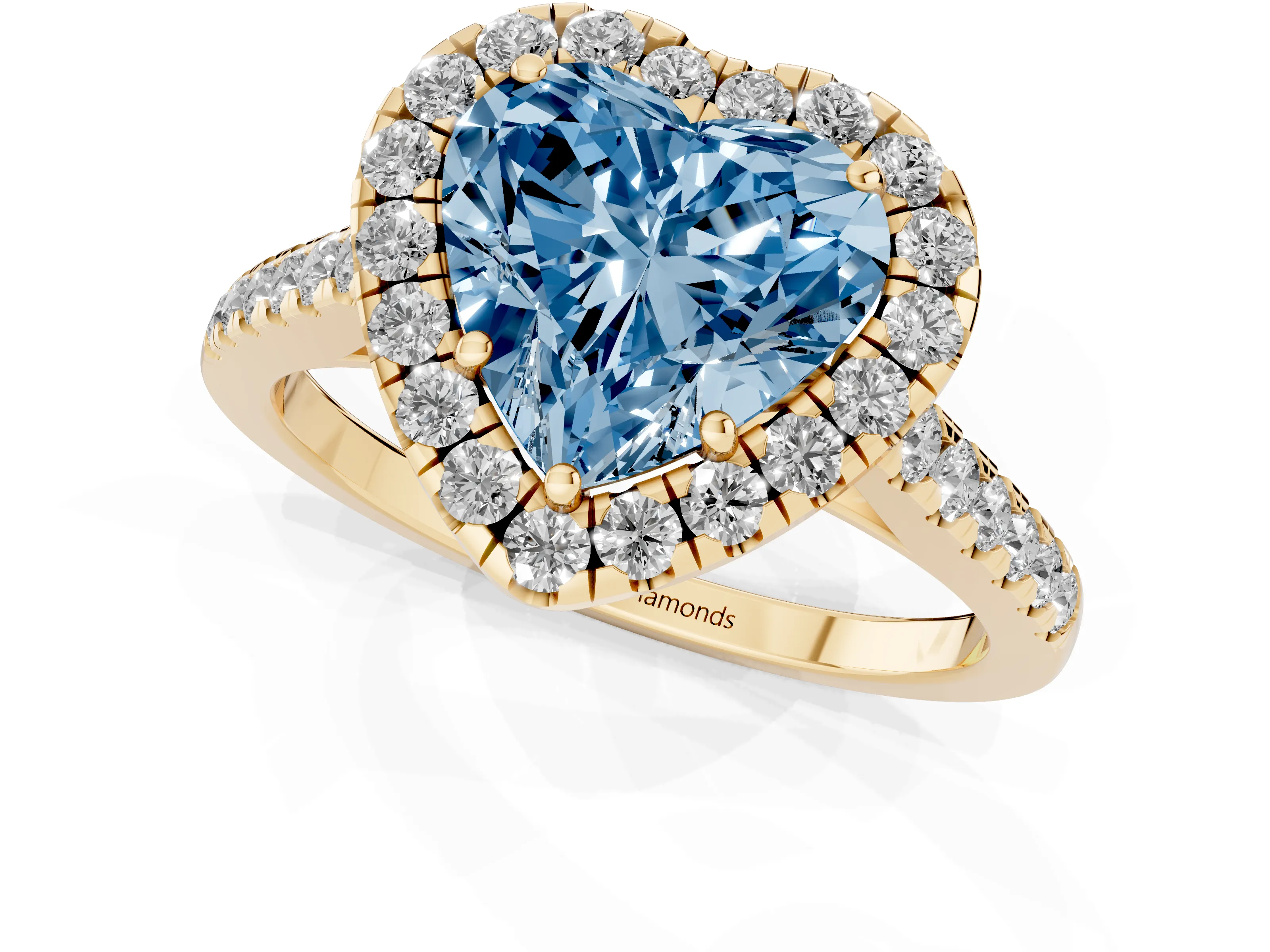 Fancy Blue Heart Cut Diamond Halo Pavé Engagement Ring Set in Yellow gold with Prong Setting