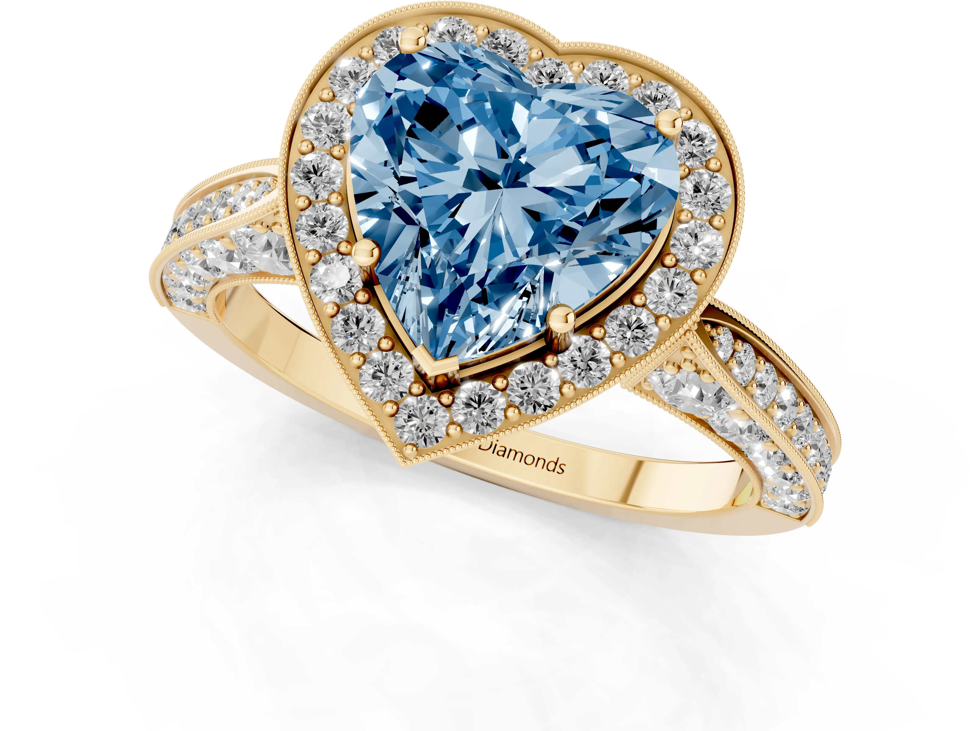 Fancy Blue Heart Cut Diamond Halo Engagement Ring Set in Yellow gold with Accent Split Shank Band