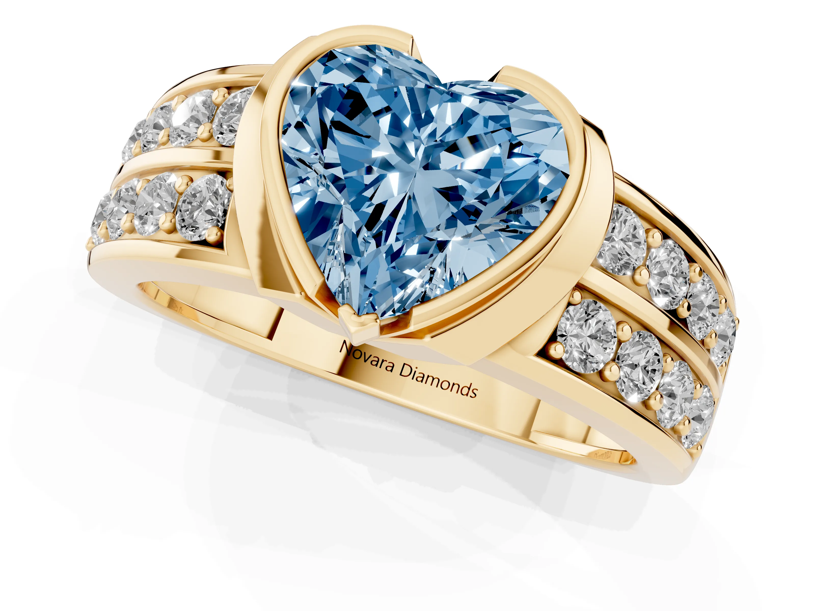 Fancy Blue Heart Cut Diamond Wide Channel Set Band Ring Set in Yellow gold with Bezel Setting