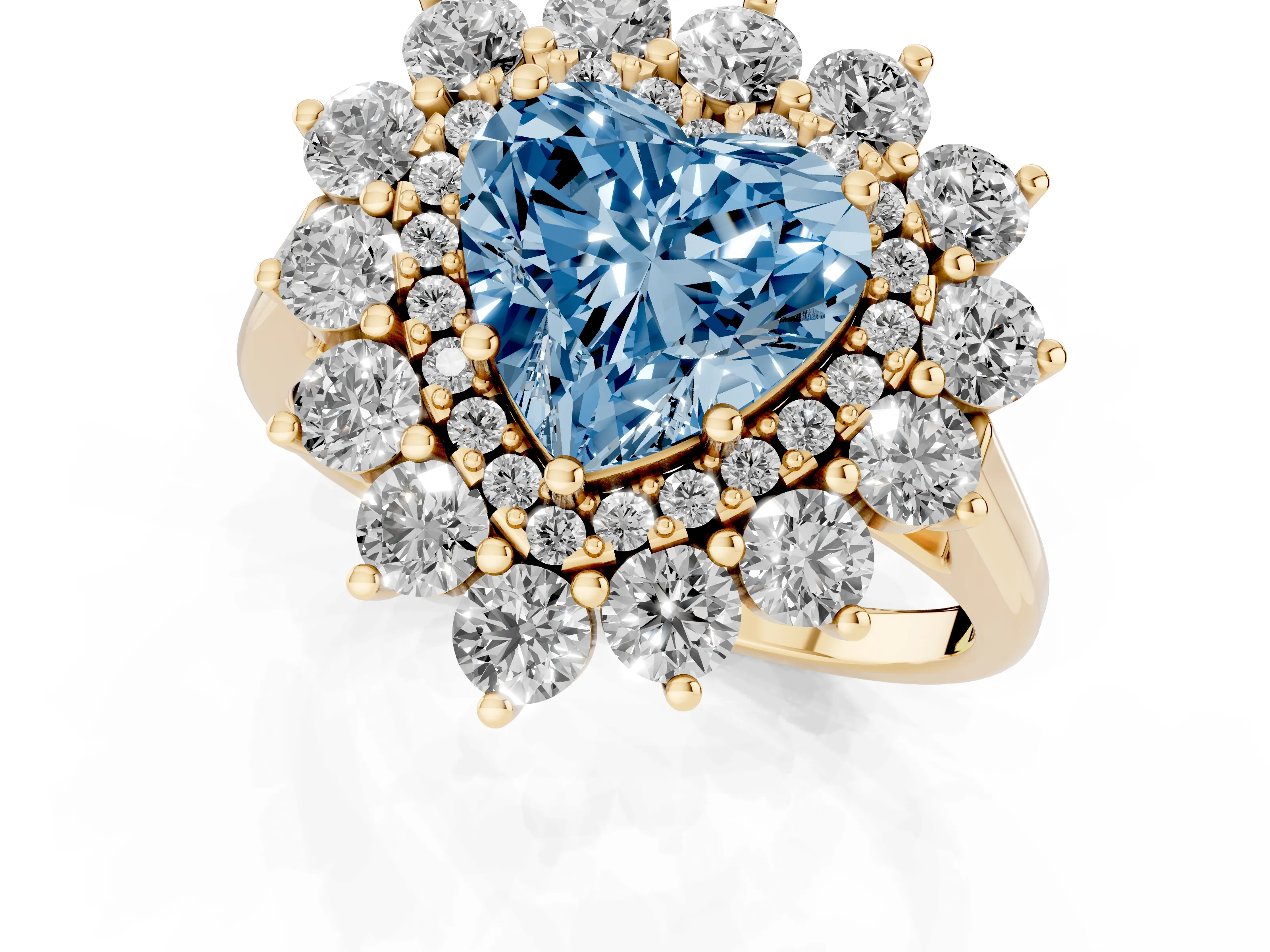 Fancy Blue Heart Cut Diamond Floral Double Halo Ring Set in Yellow gold with Round Petals