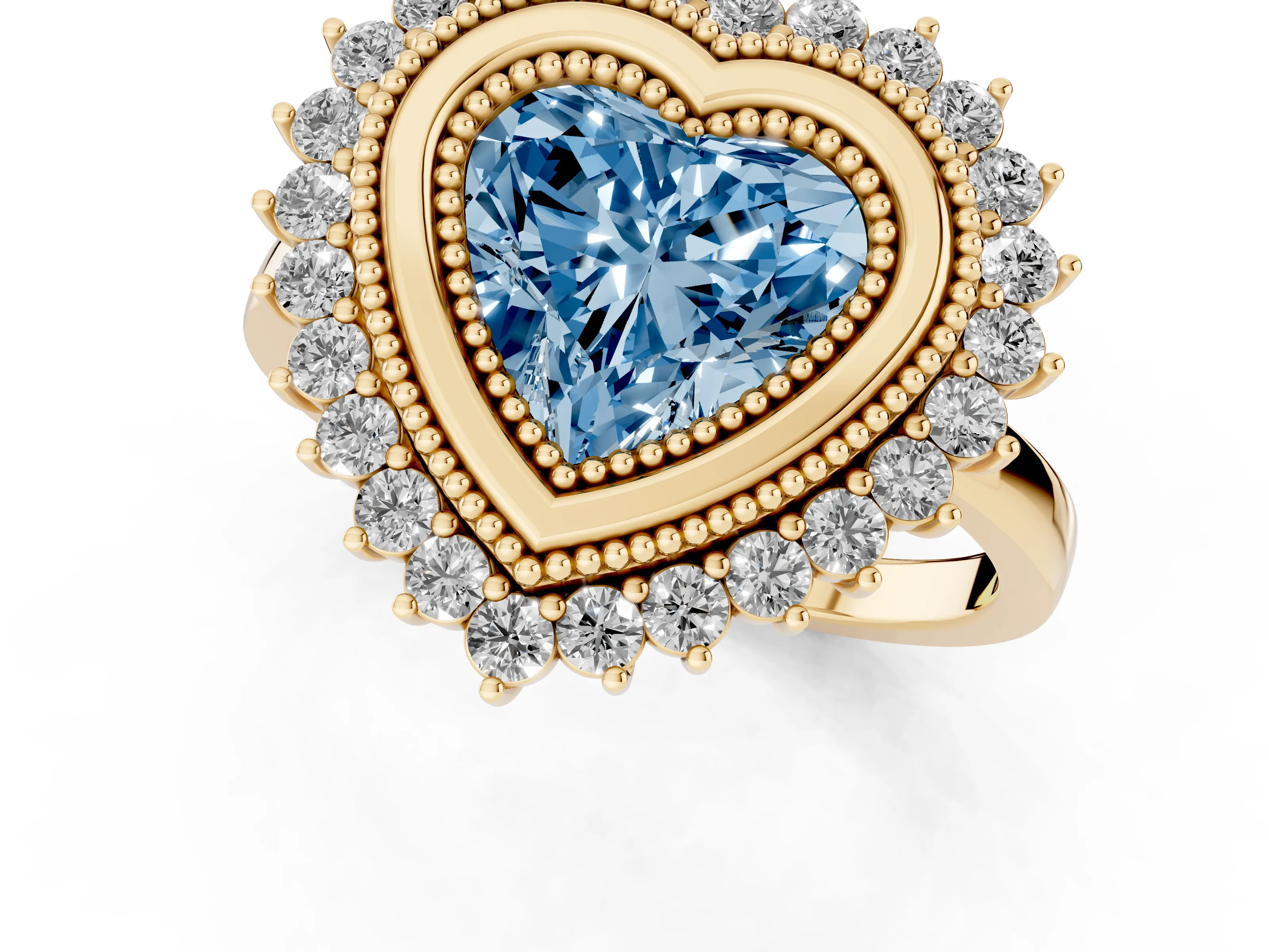 Fancy Blue Heart Cut Diamond Halo Ring Set in Yellow gold with Milgrain Edge and Round Prong Setting