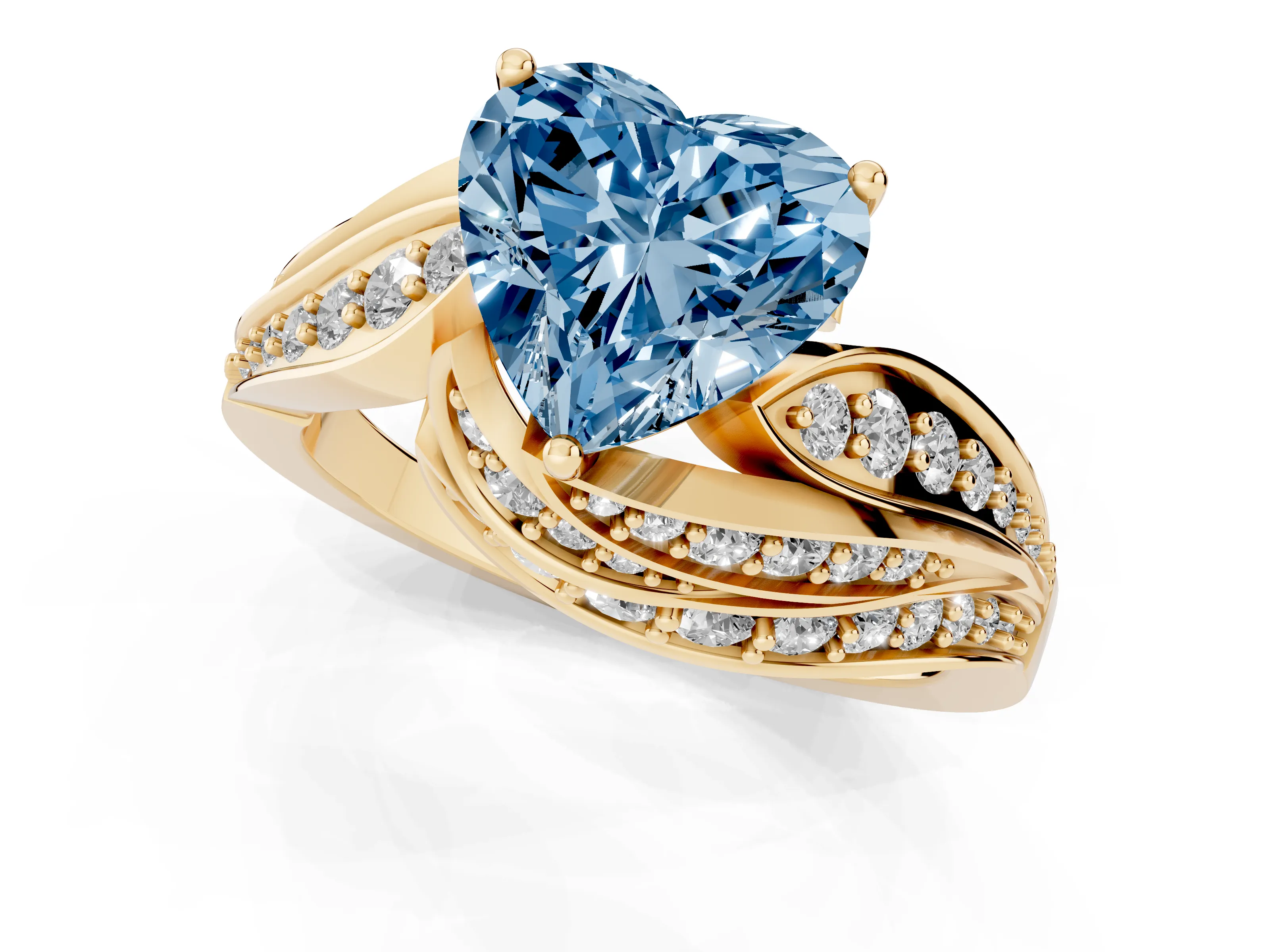 Fancy Blue Heart Cut Diamond Solitaire Ring Set in Yellow gold with Layered Twist Pavé Band