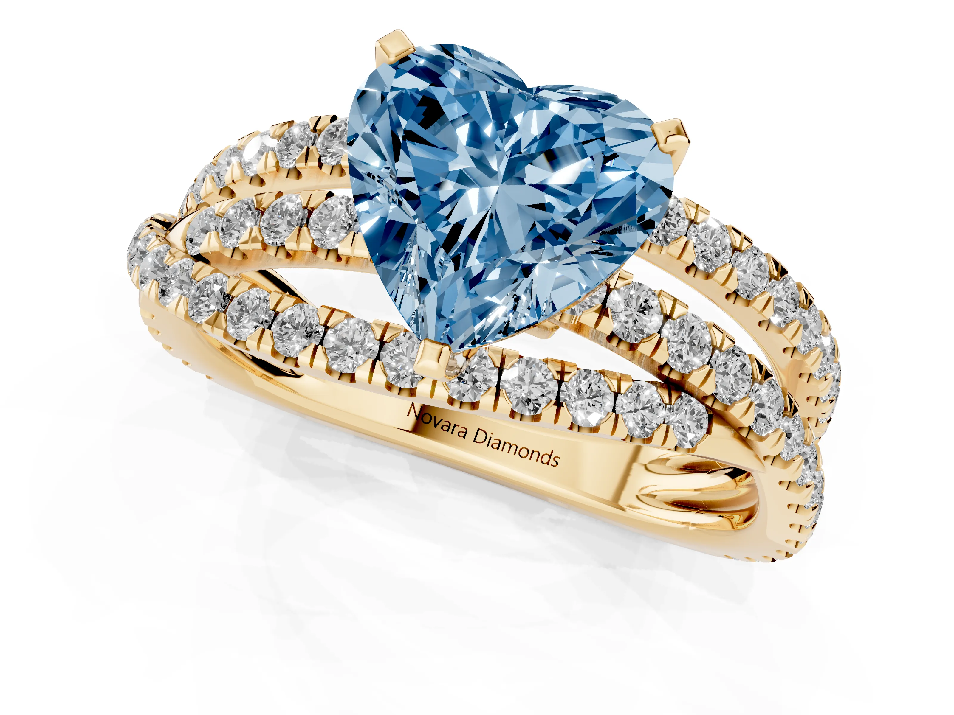 Fancy Blue Heart Cut Diamond Solitaire Twist Band Ring Set in Yellow gold with Pavé Setting and Prong Head