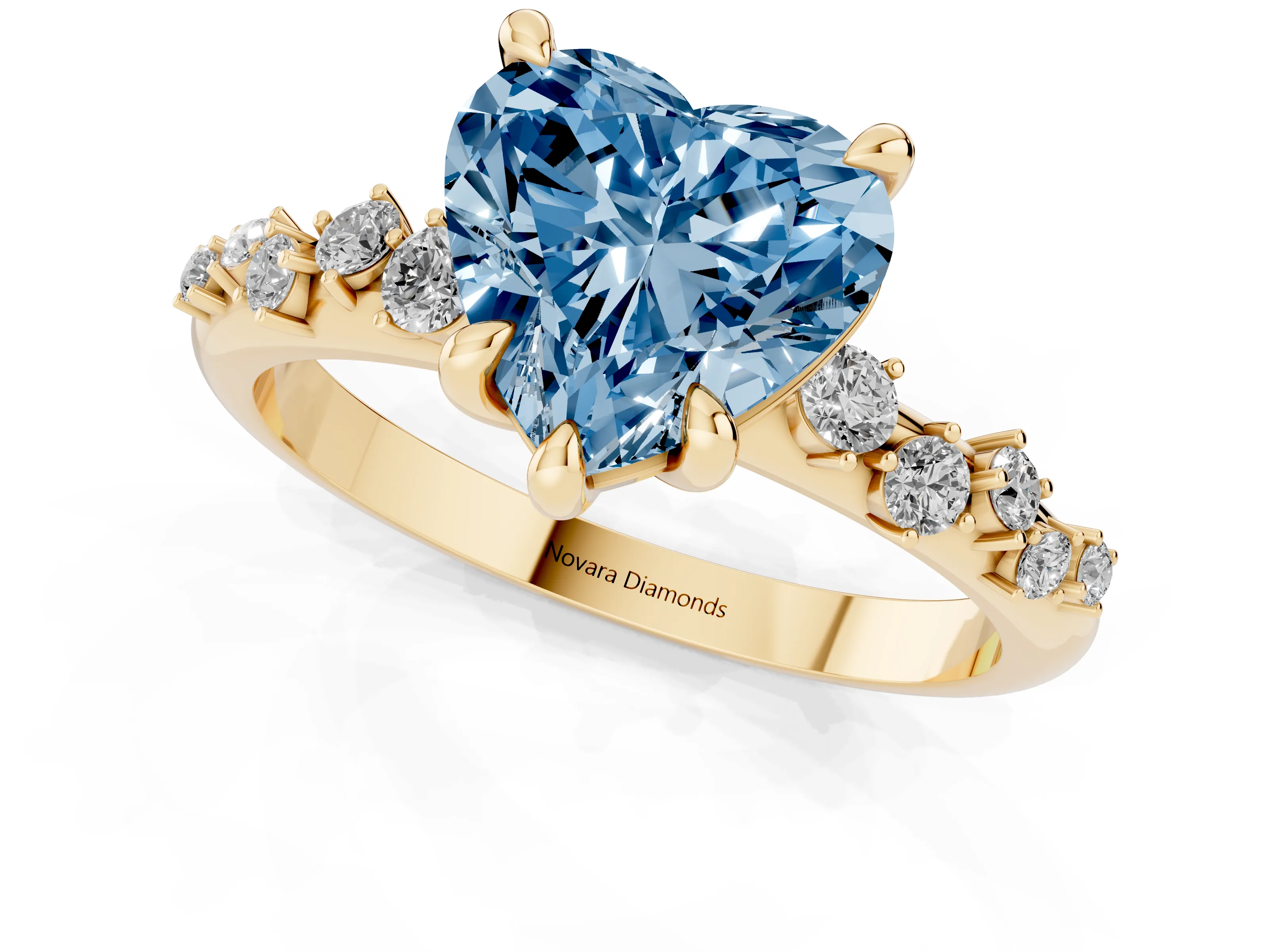 Fancy Blue Heart Cut Diamond Solitaire Vine Band Ring Set in Yellow gold with Round Accents and Prong Setting – second view