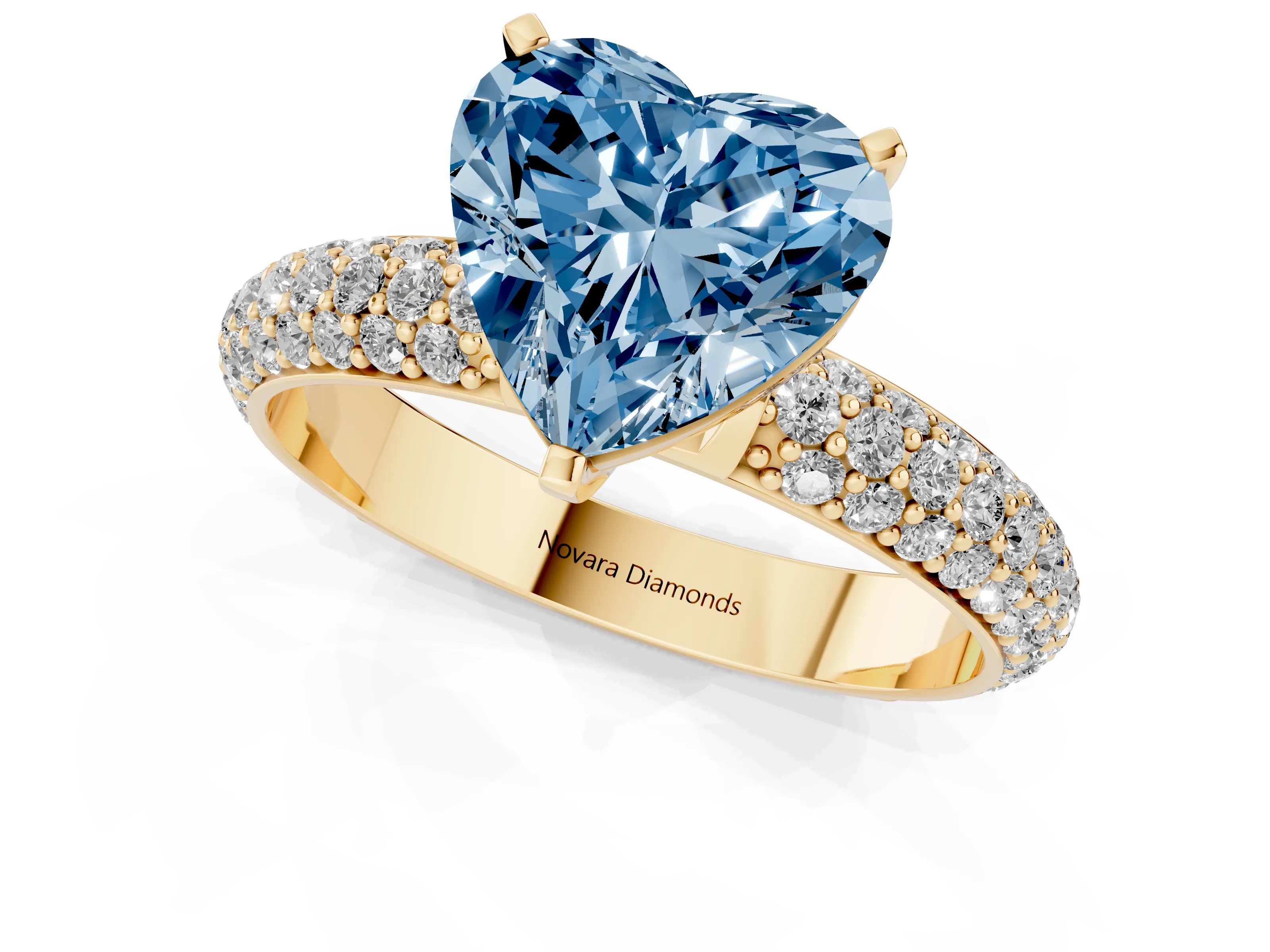 Fancy Blue Heart Cut Diamond Solitaire Ring Set in Yellow gold with Prong Setting and Pavé-Set Band