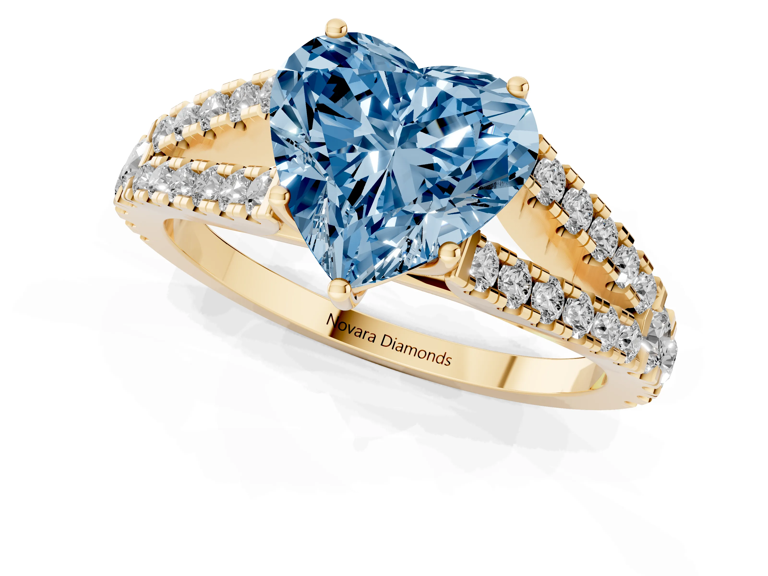 Fancy Blue Heart Cut Diamond Split Shank Pavé Engagement Ring Set in Yellow gold with Prong-Held Center Stone