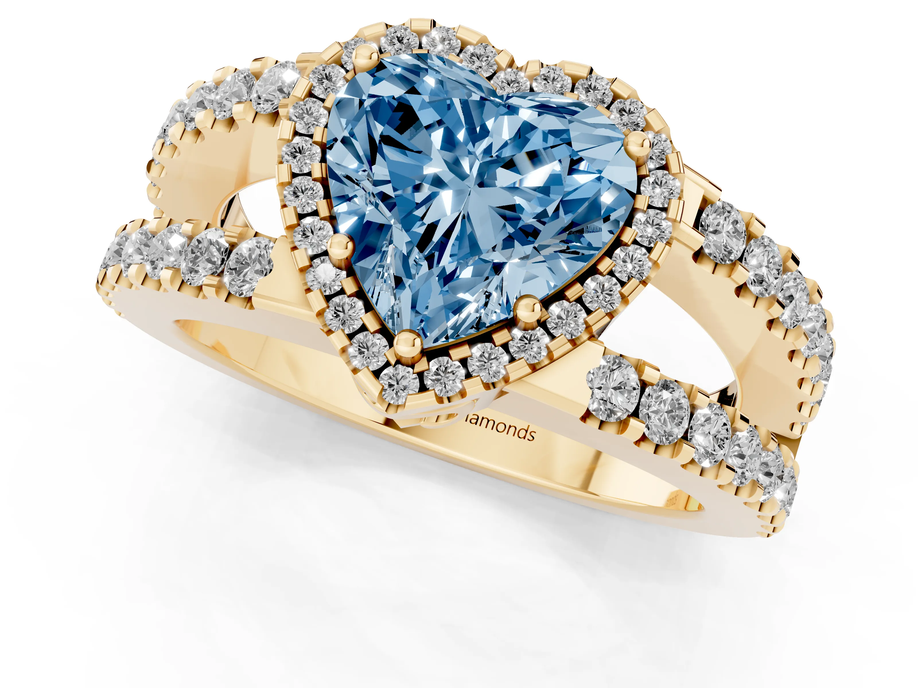 Fancy Blue Heart Cut Diamond Halo Ring Set in Yellow gold with Pavé Split Shank and Prong Setting