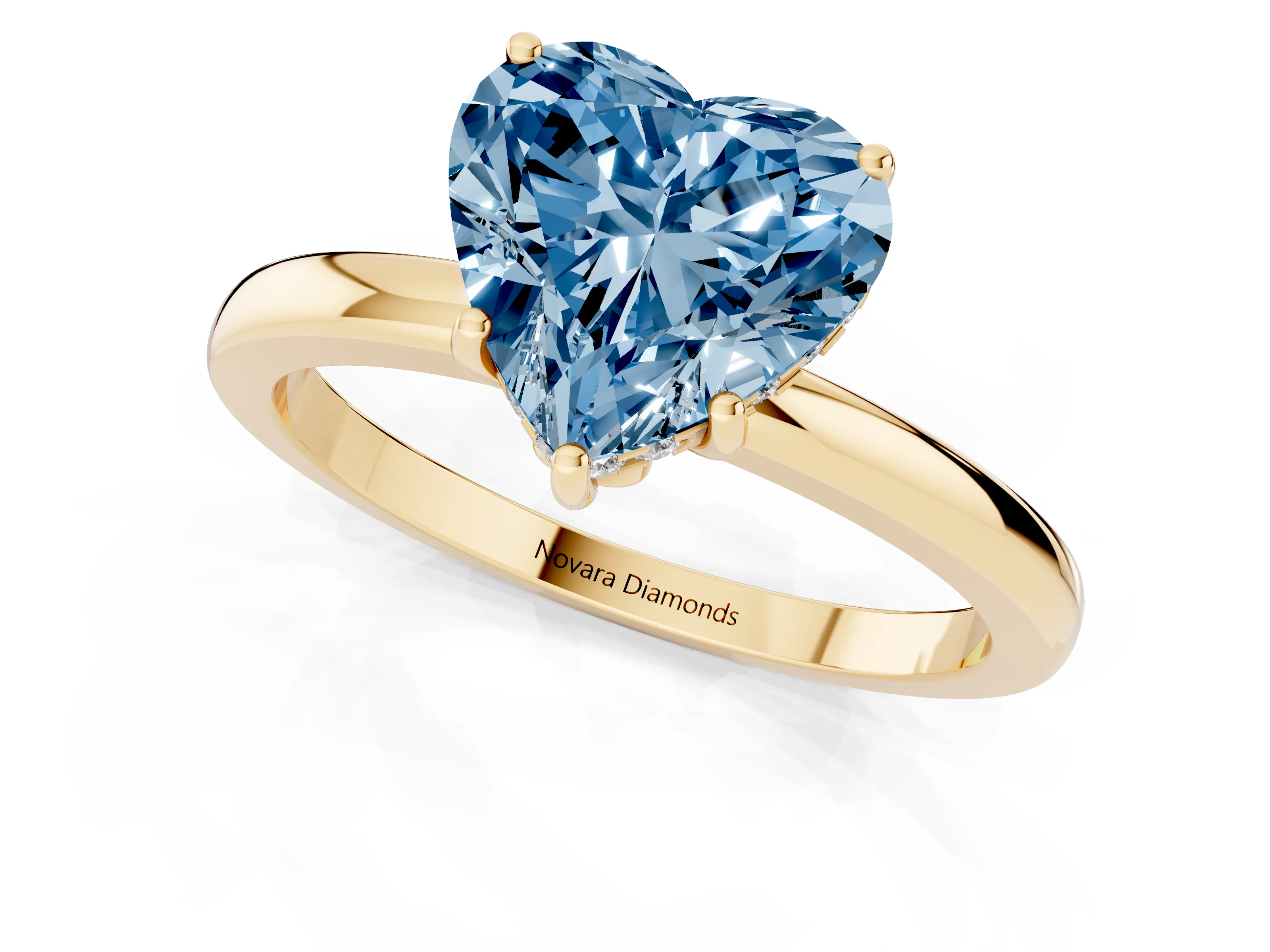 Fancy Blue Heart Cut Diamond Solitaire Ring Set in Yellow gold with Plain Band and Prong Setting