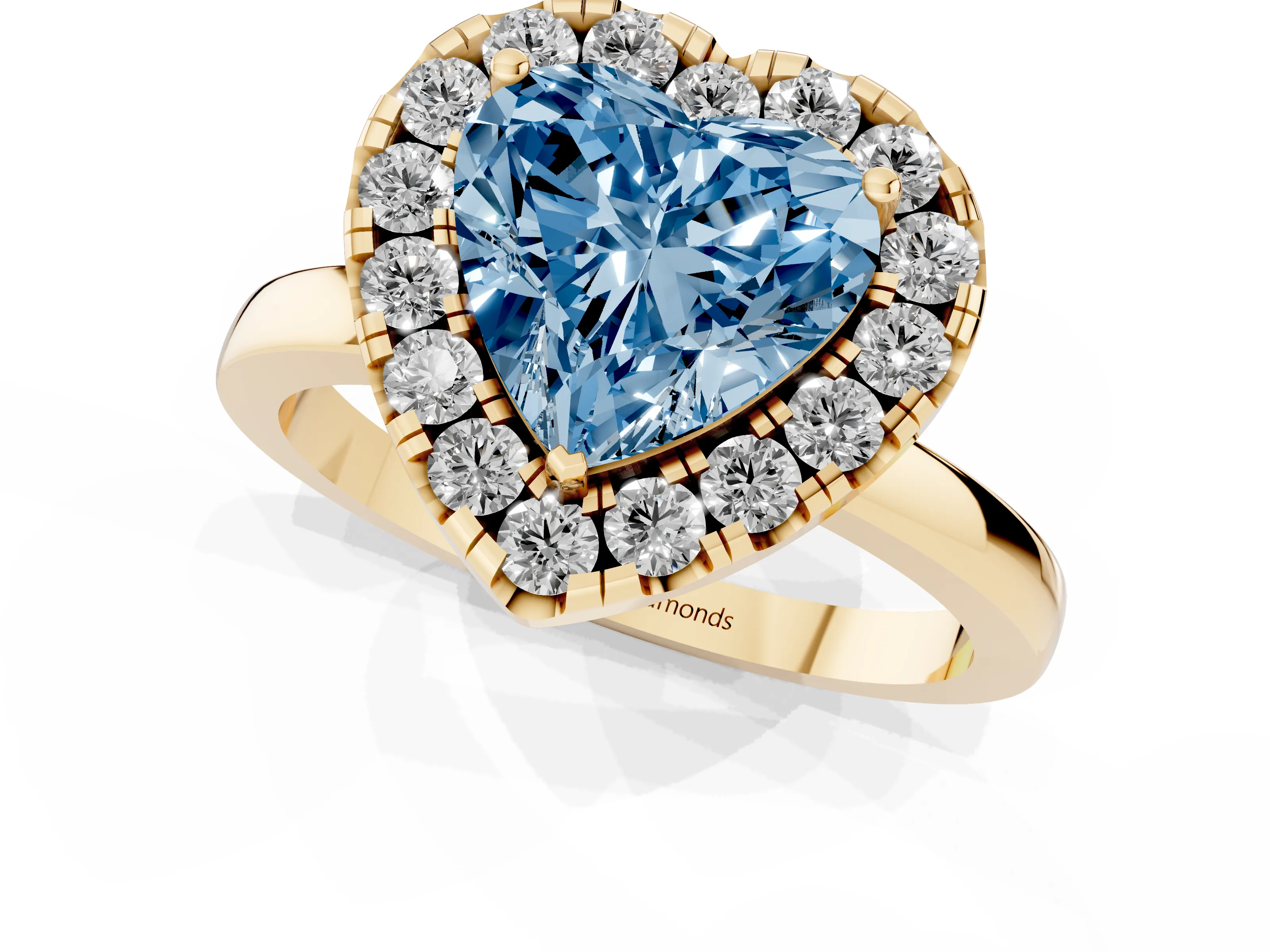 Fancy Blue Heart Cut Diamond Halo Solitaire Ring Set in Yellow gold with Pavé Band and Prong Setting