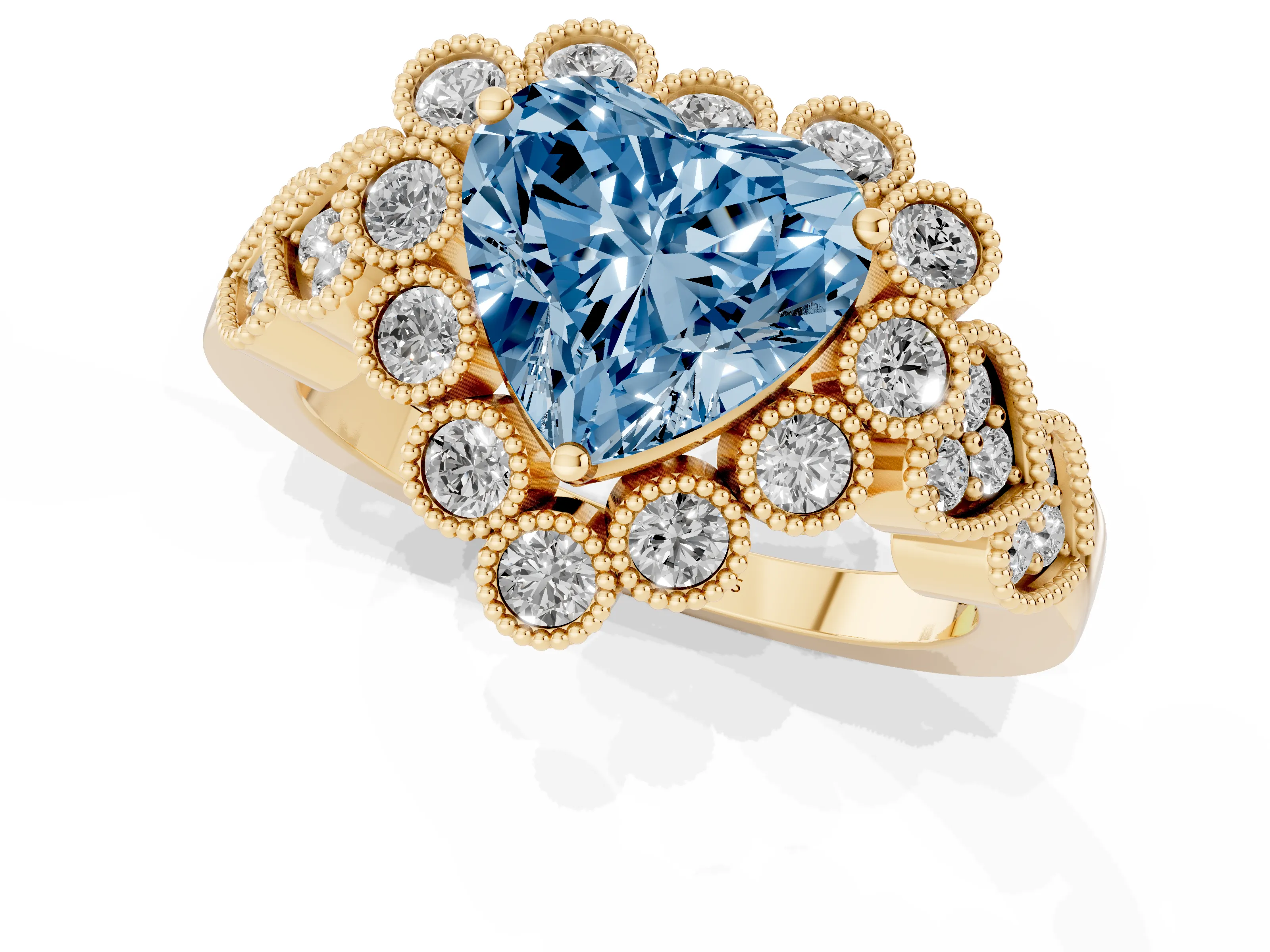 Fancy Blue Heart Cut Diamond Solitaire Ring Set in Yellow gold with Milgrain Pavé Heart Band