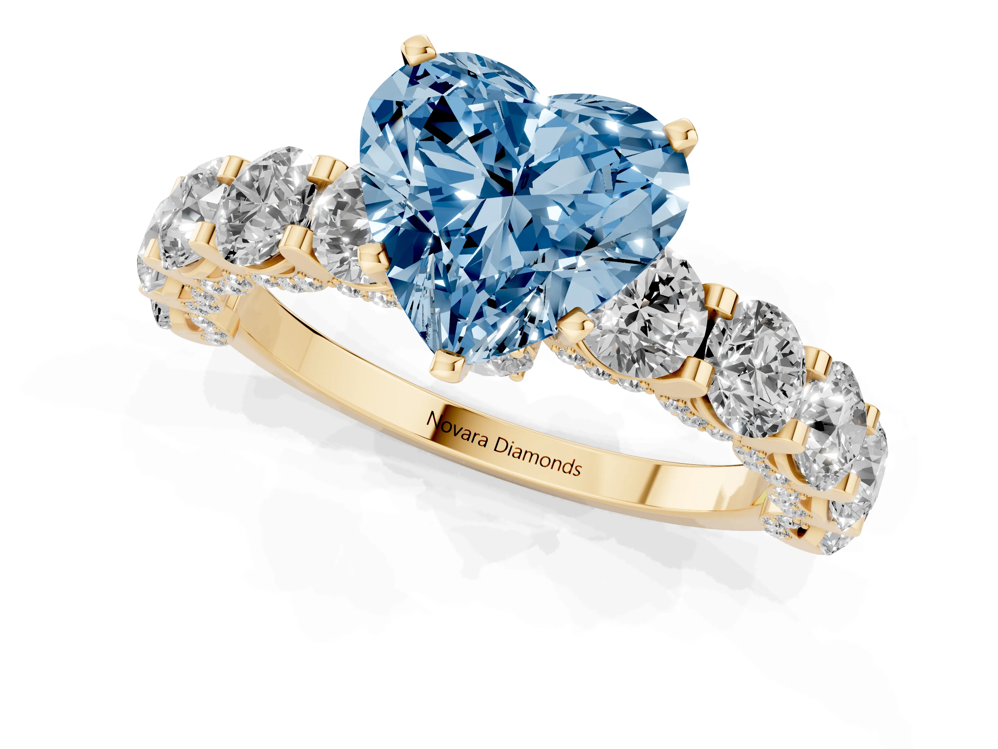 Fancy Blue Heart Cut Diamond Side Stone Ring Set in Yellow gold with Alternating Round and Oval Side Stones – second view