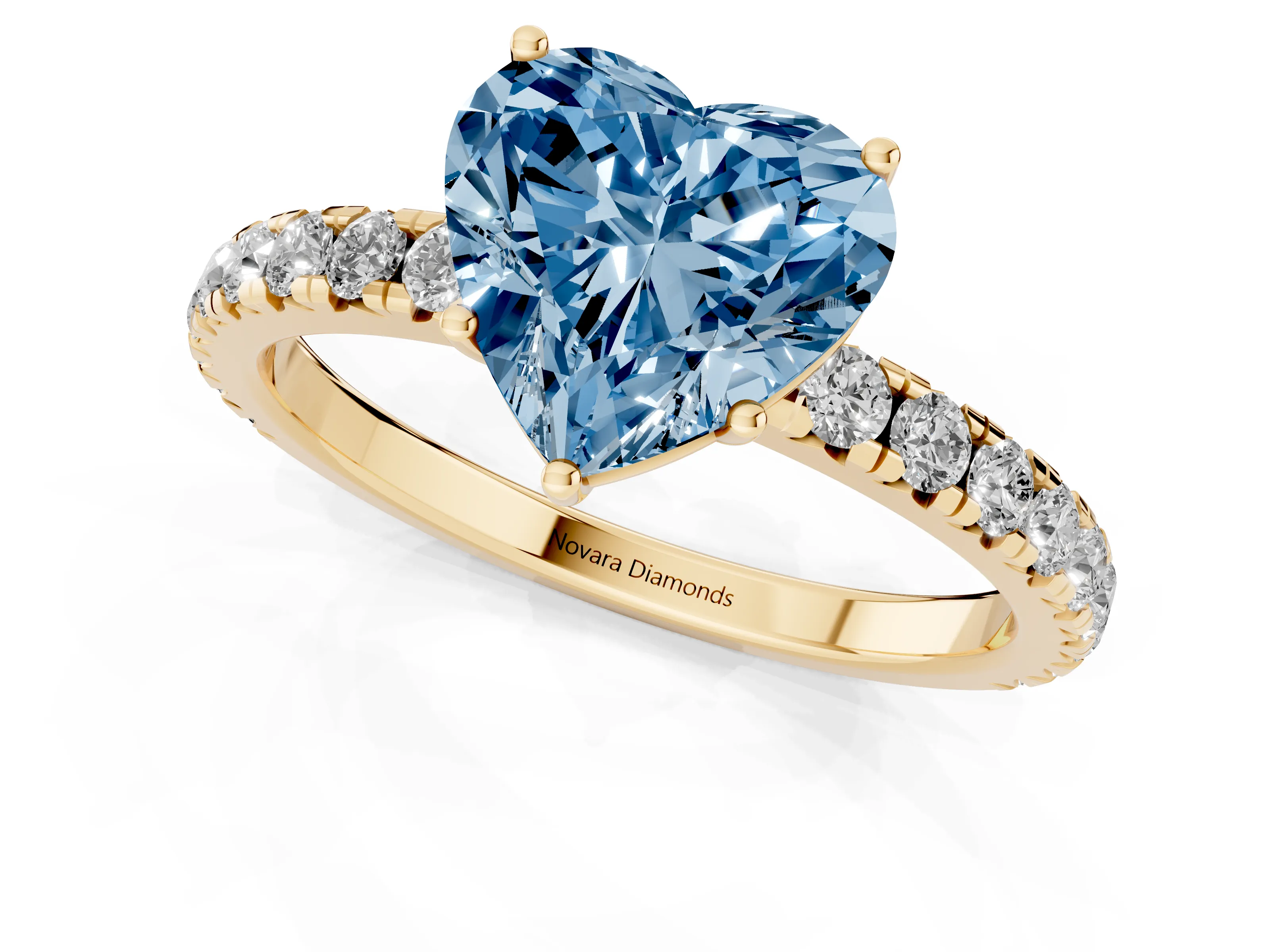 Fancy Blue Heart Cut Diamond Pavé Solitaire Engagement Ring Set in Yellow gold with Prong Setting
