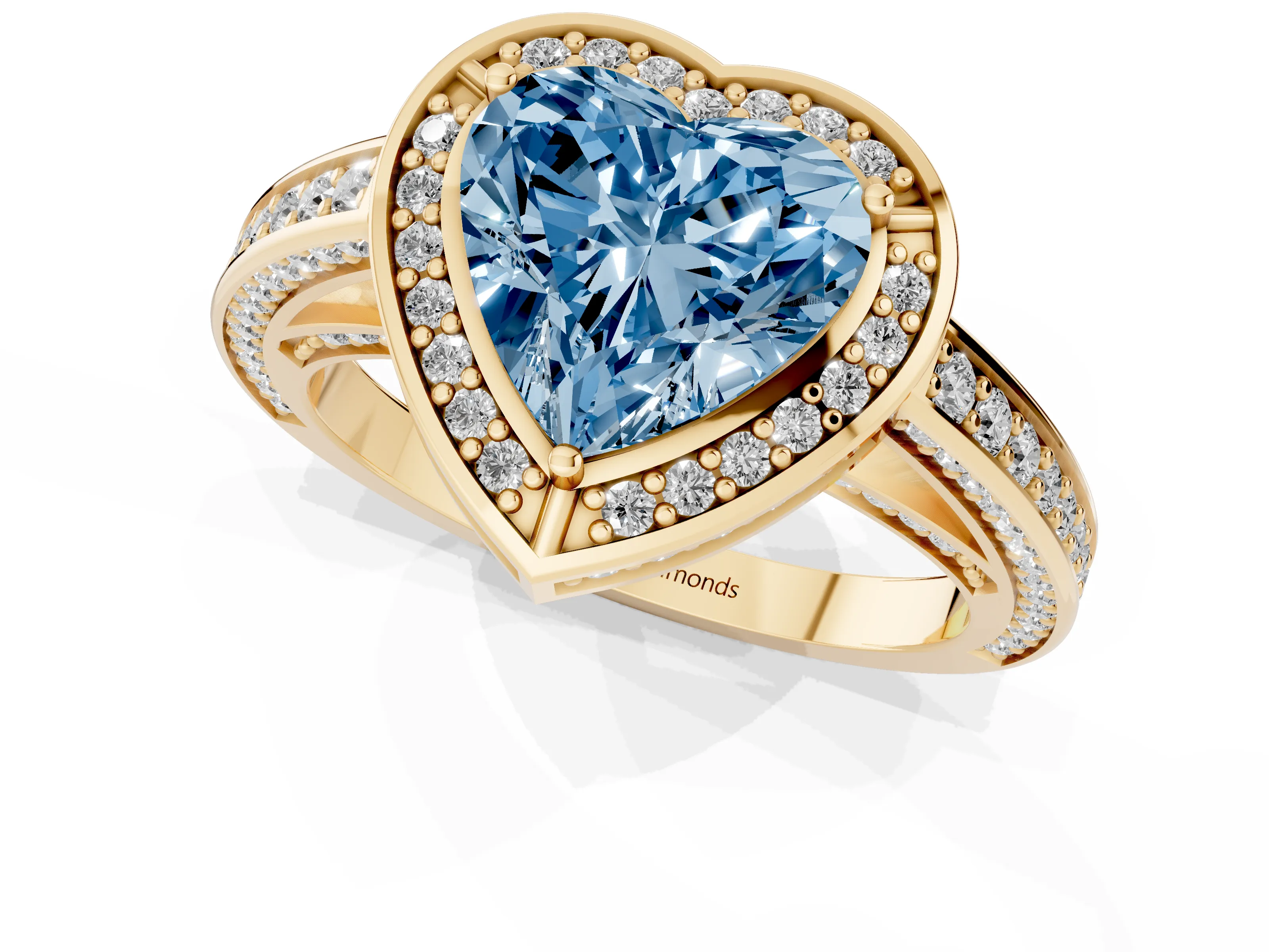 Fancy Blue Heart Cut Diamond Halo Pavé Split Shank Ring Set in Yellow gold with Prong Setting