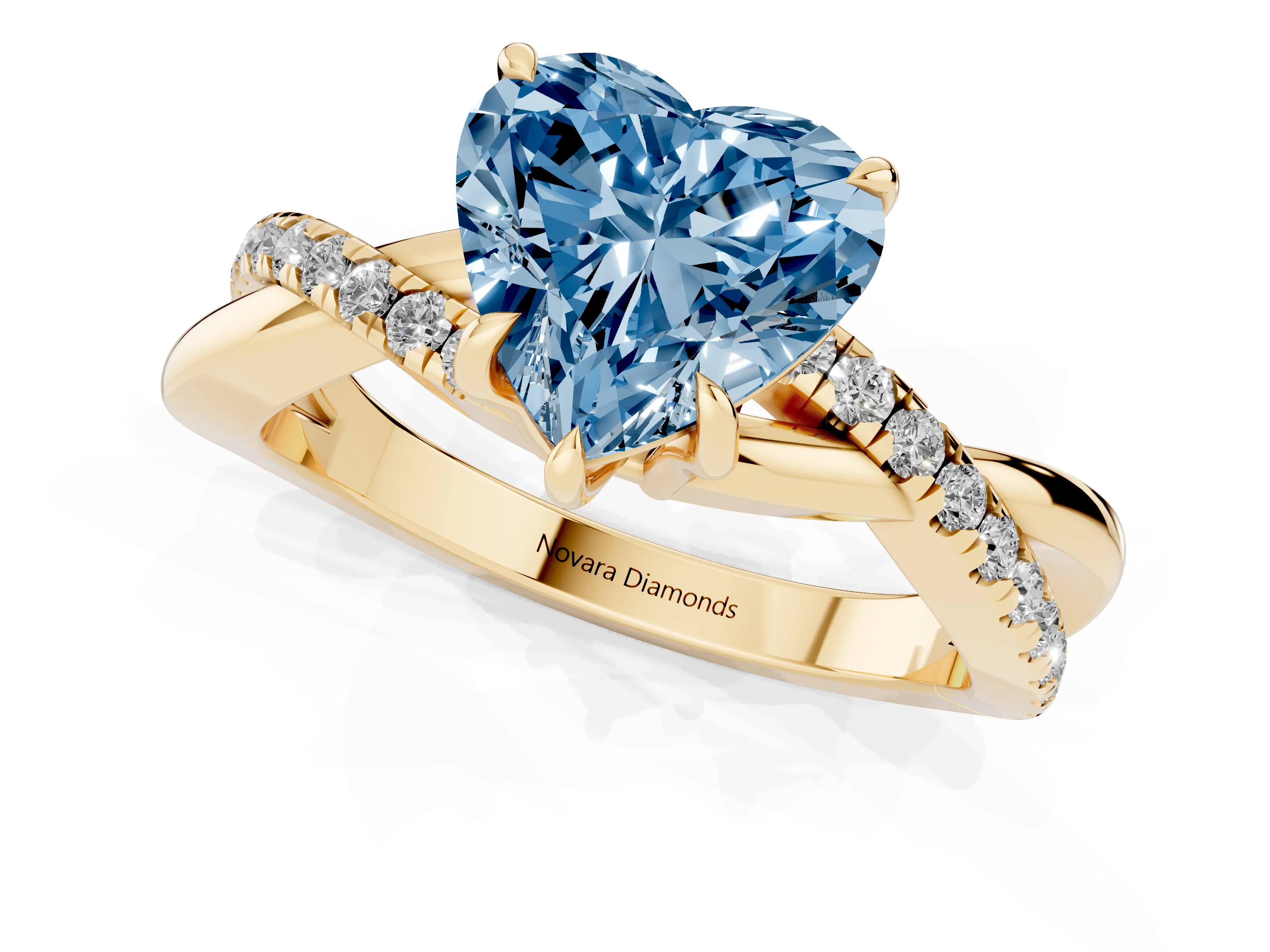 Fancy Blue Heart Cut Diamond Twisted Pavé Band Ring Set in Yellow gold with Prong Setting