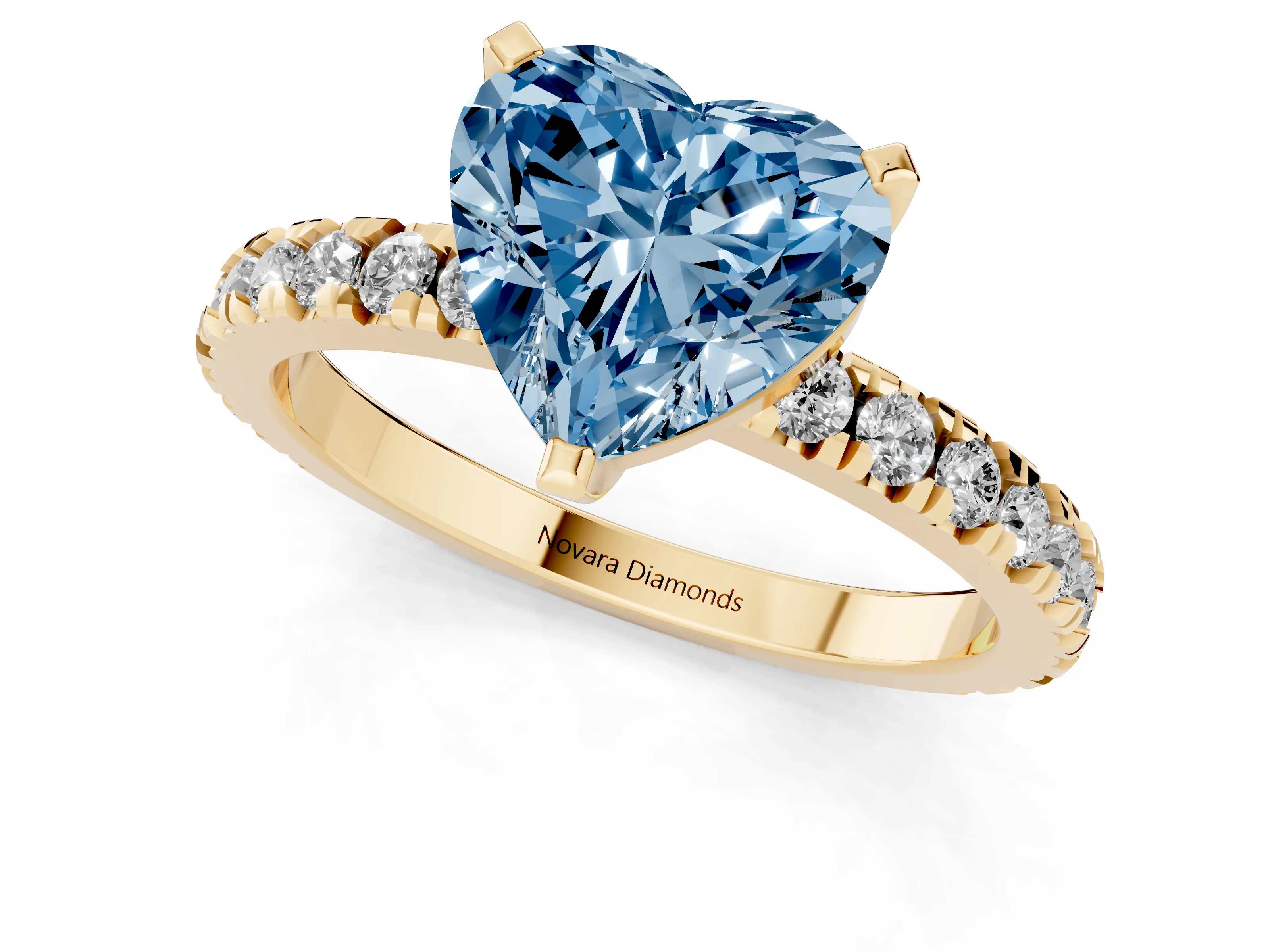 Fancy Blue Heart Cut Diamond Pavé Band Solitaire Set in Yellow gold with Prong Setting