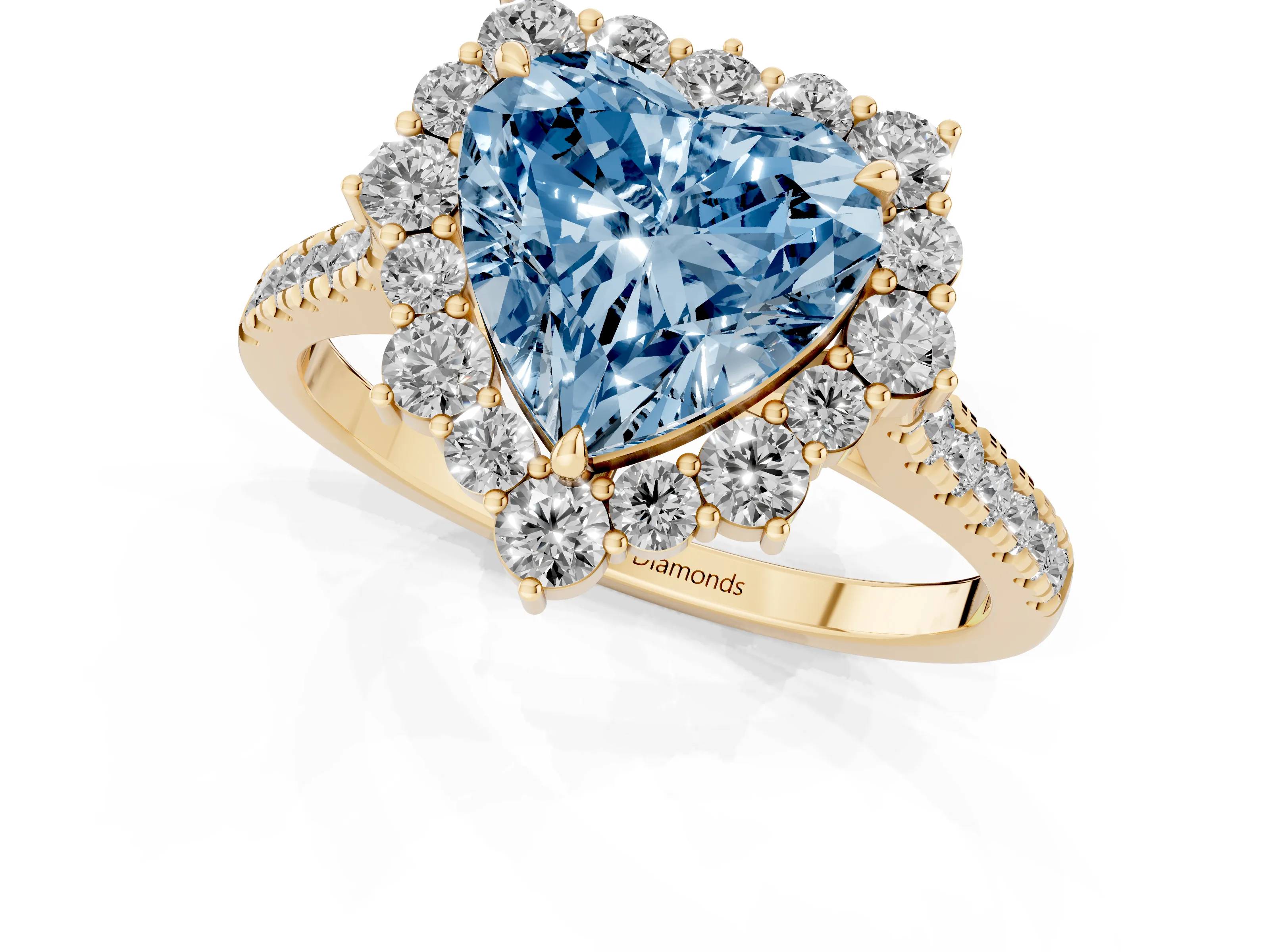Fancy Blue Heart Cut Diamond Halo Ring Set in Yellow gold with Pavé Band and Prong Setting