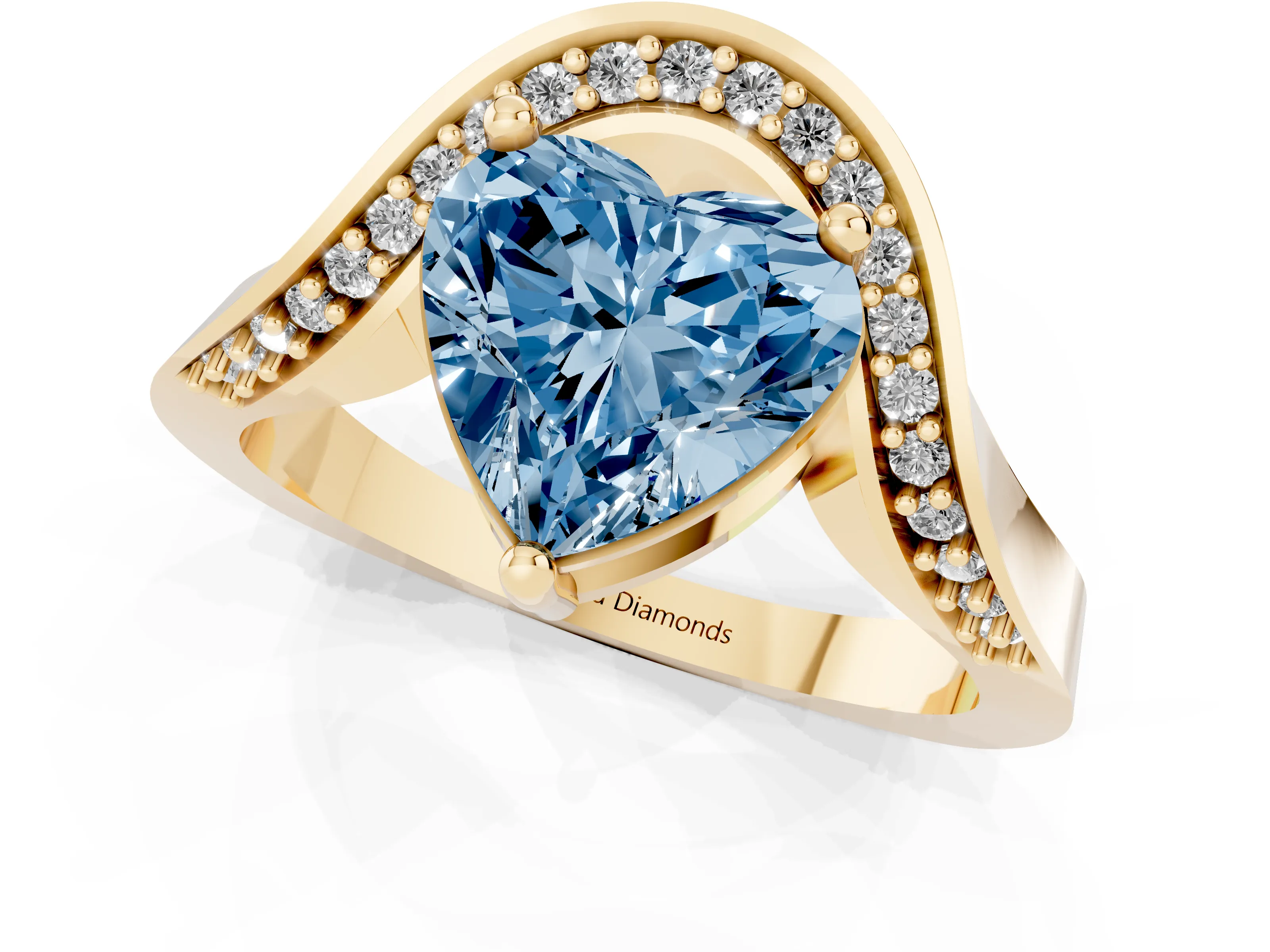 Fancy Blue Heart Cut Diamond Solitaire Engagement Ring Set in Yellow gold with Pavé Shoulders