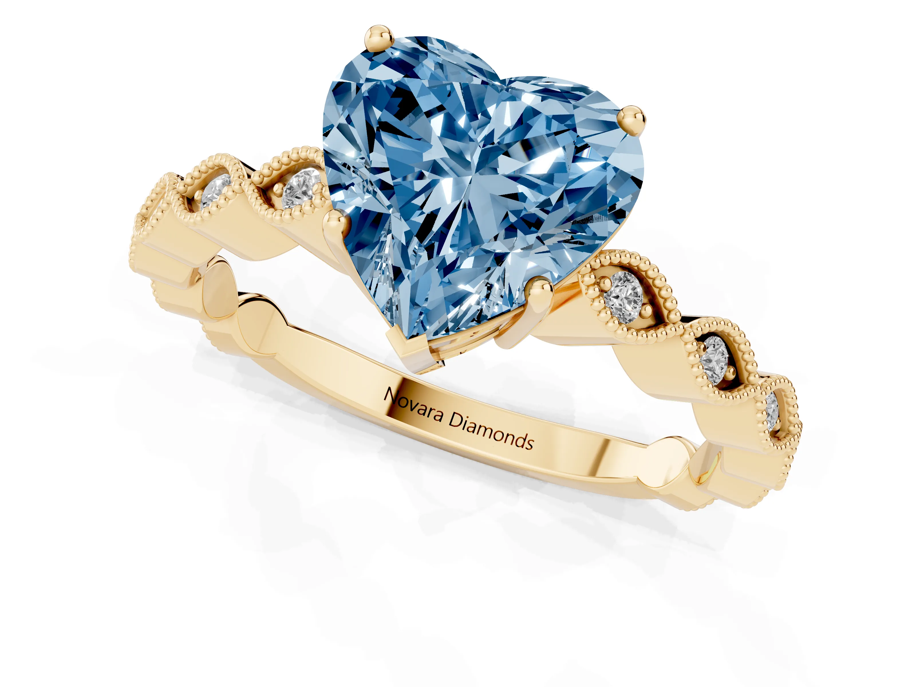 Fancy Blue Heart Cut Diamond Solitaire Ring Set in Yellow gold with Infinity Twist Pavé Band