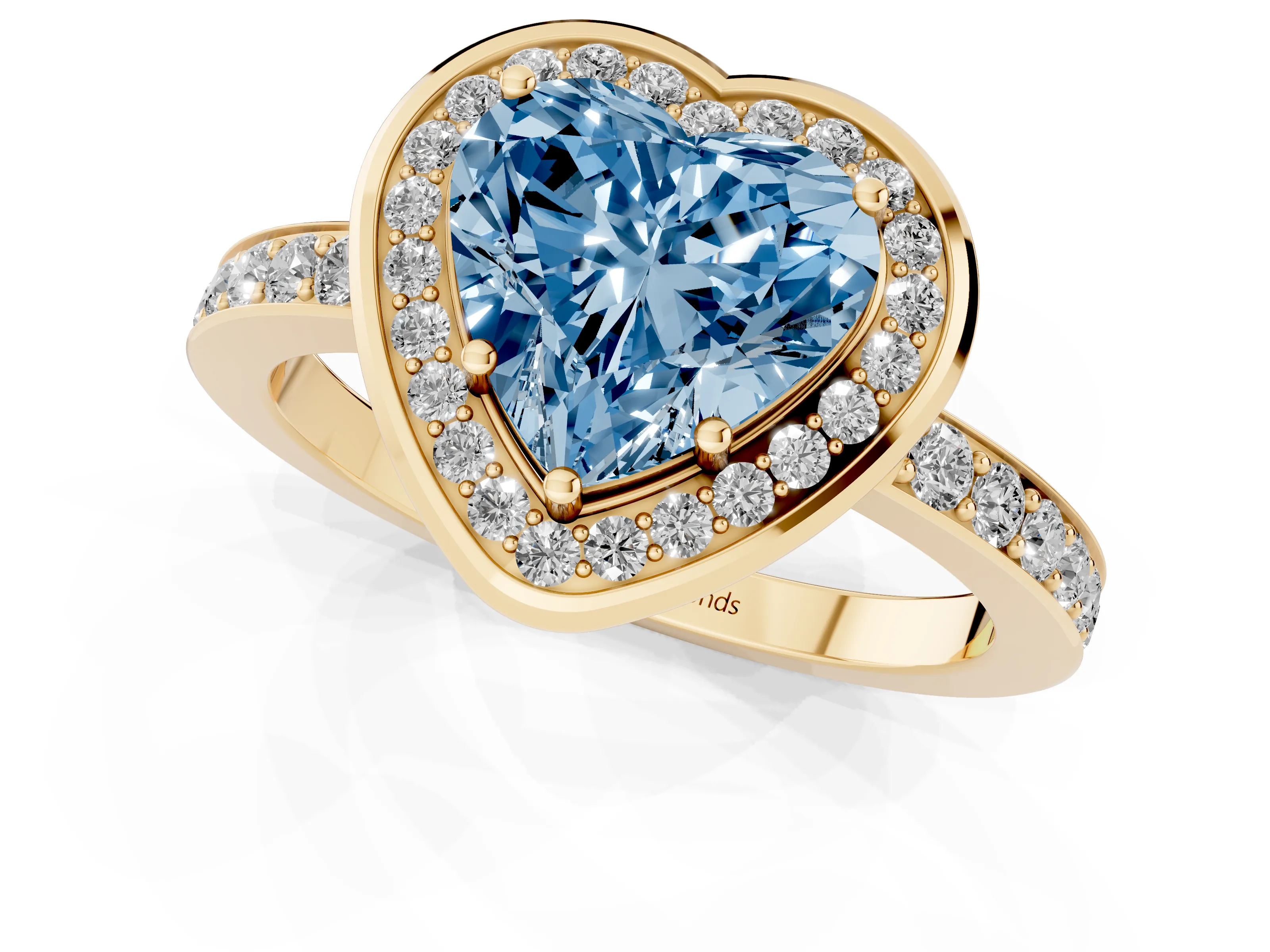 Fancy Blue Heart Cut Diamond Halo Ring Set in Yellow gold with Bezel Frame and Pavé Band