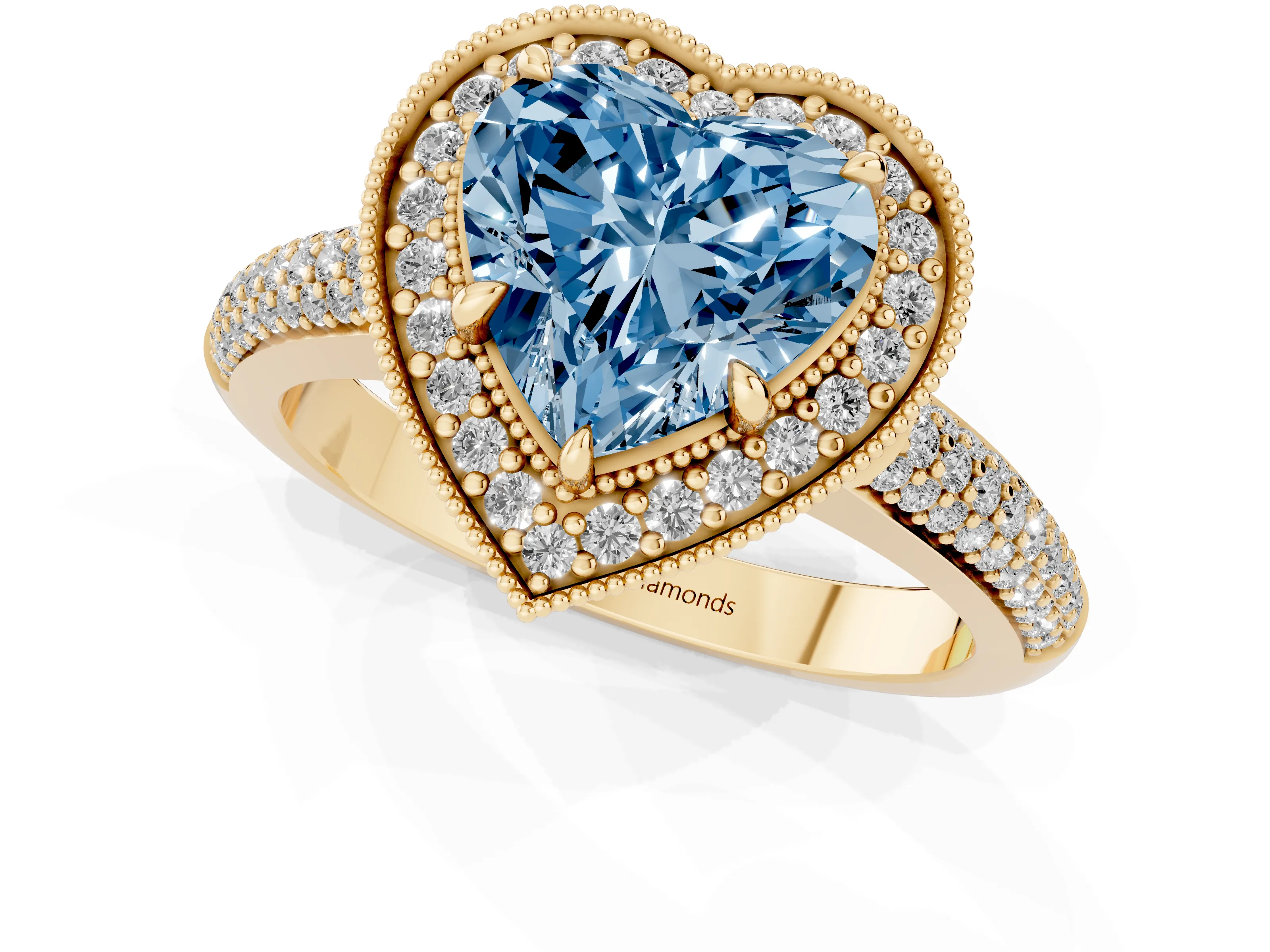 Fancy Blue Heart Cut Diamond Halo Pavé Band Set in Yellow gold with Prong Setting