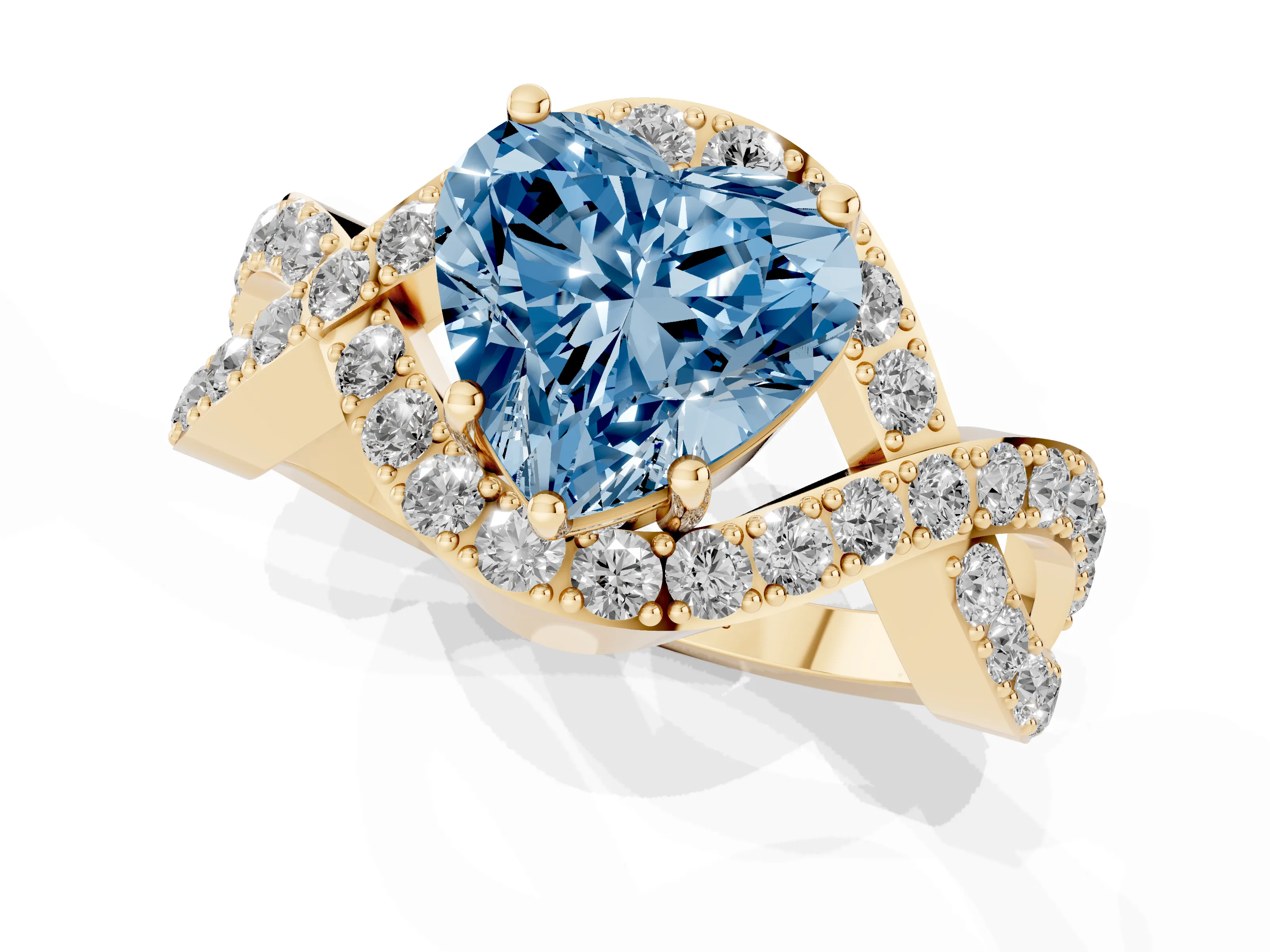 Fancy Blue Heart Cut Diamond Solitaire Twist Band Pavé Engagement Ring Set in Yellow gold