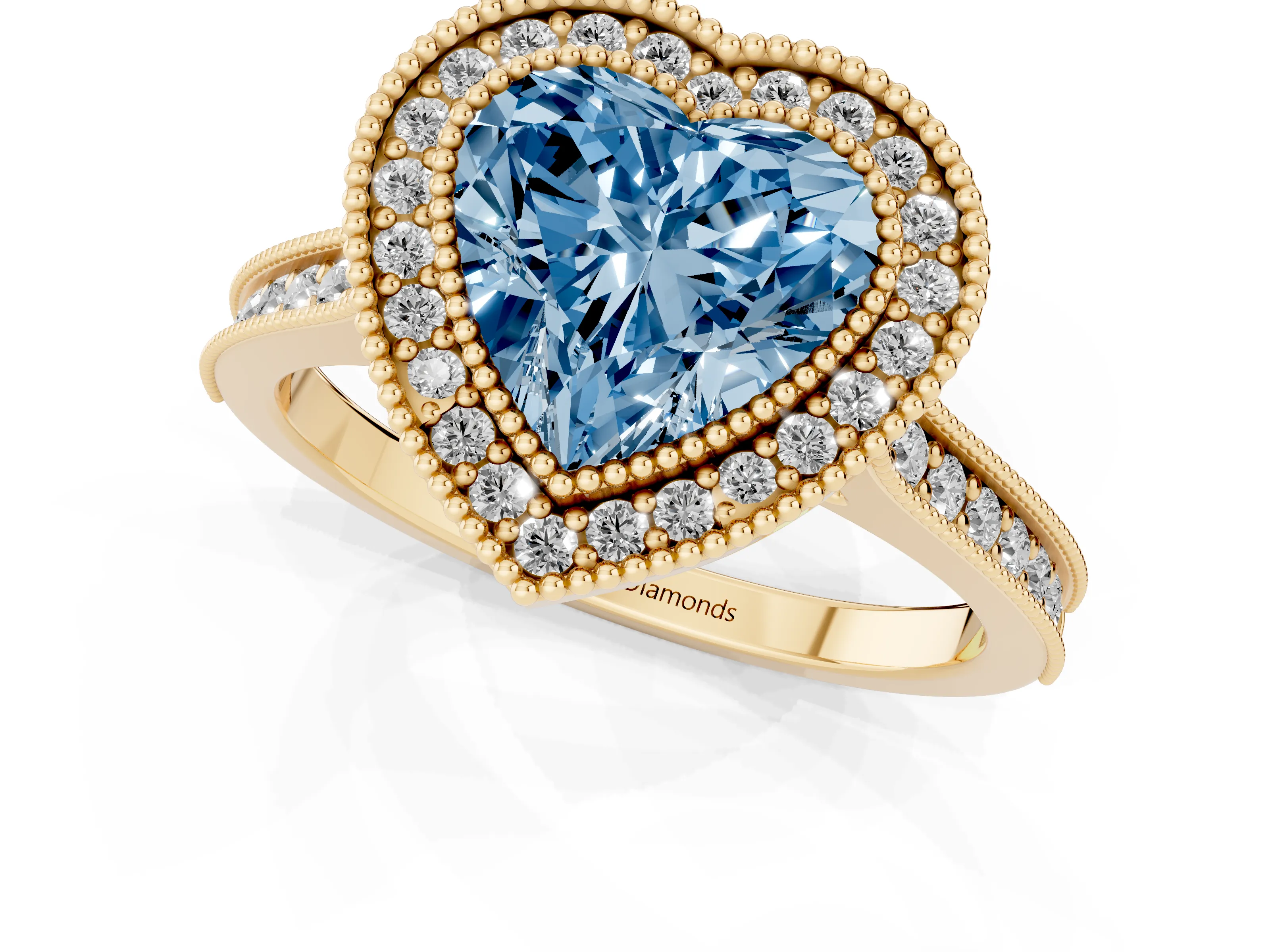 Fancy Blue Heart Cut Diamond Halo Milgrain Pavé Band Ring Set in Yellow gold with Prong Setting