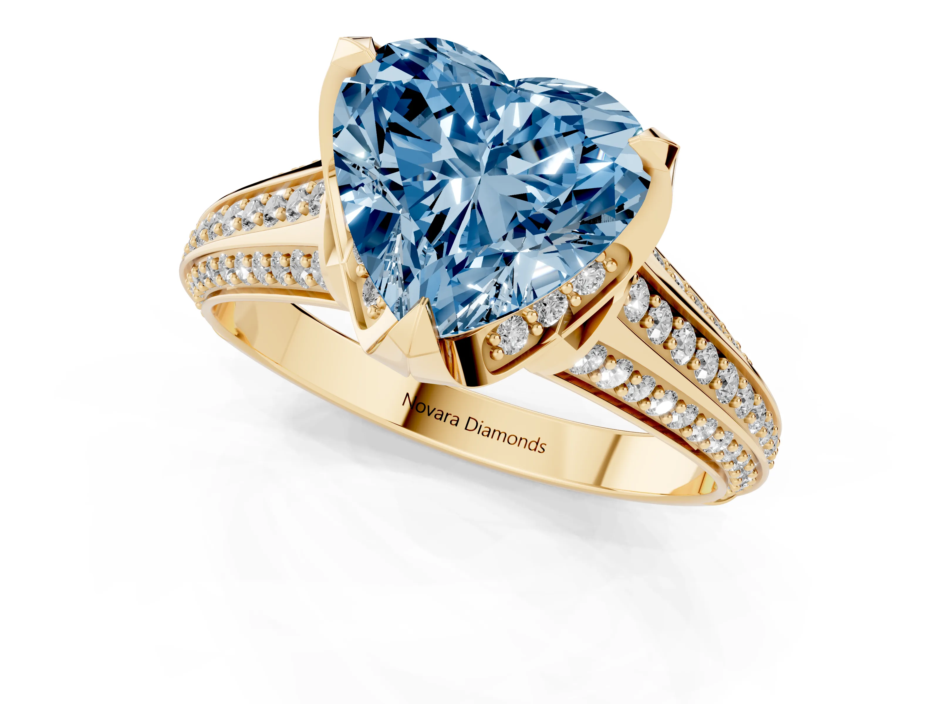 Fancy Blue Heart Cut Diamond Pavé Split Shank Solitaire Ring Set in Yellow gold with Prong Setting
